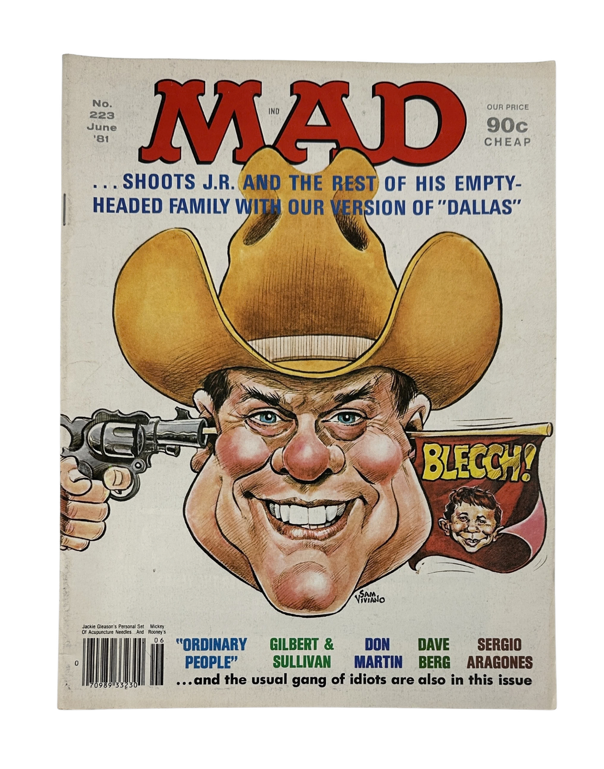 Cover of MAD Magazine No. 223 from June 1981, featuring a cartoon caricature of a cowboy holding a gun, with a satirical take on the TV show Dallas. The title highlights the satire of 'Ordinary People' and includes artwork by Gilbert & Sullivan, Don Martin, Dave Berg, and Sergio Aragones.