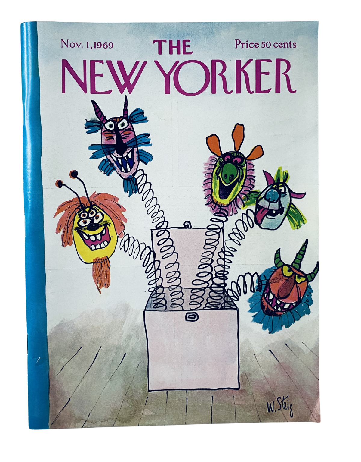 Cover of The New Yorker magazine from November 1, 1969, featuring whimsical Spring Box Creatures illustration by W. Steig, showcasing vibrant colorful characters.
