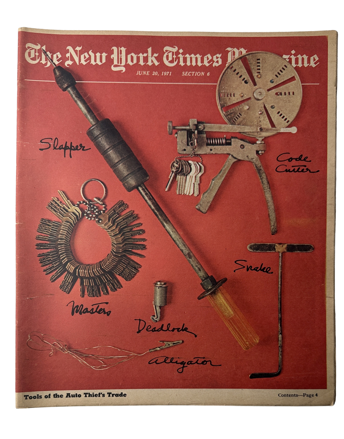 The New York Times Magazine June 20, 1971 cover featuring Auto Thief Tools including Slapper, Code Cutter, and Alligator, highlighted in artistic layout.