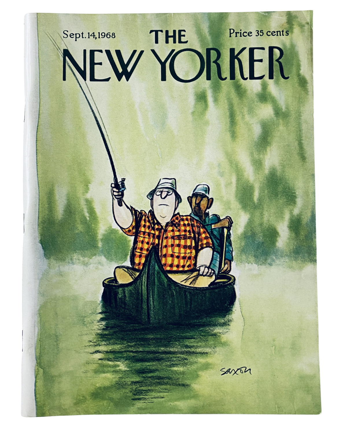 The New Yorker Magazine September 14, 1968 Fishing Canoe Cover by Charles Saxon featuring a humorous illustration of a man fishing in a canoe.