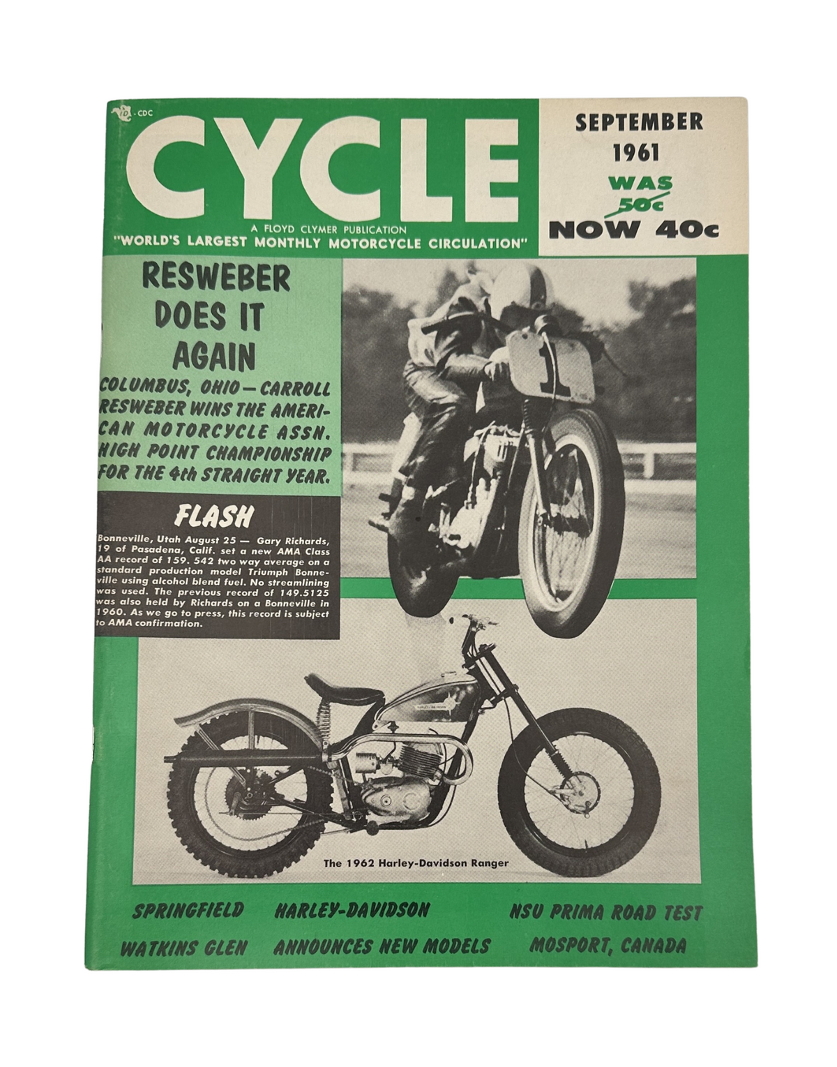 Cycle Magazine September 1961 cover featuring a motorcycle image and headline about Resweber's achievements, showcasing the Harley-Davidson and NSU Prima road test.