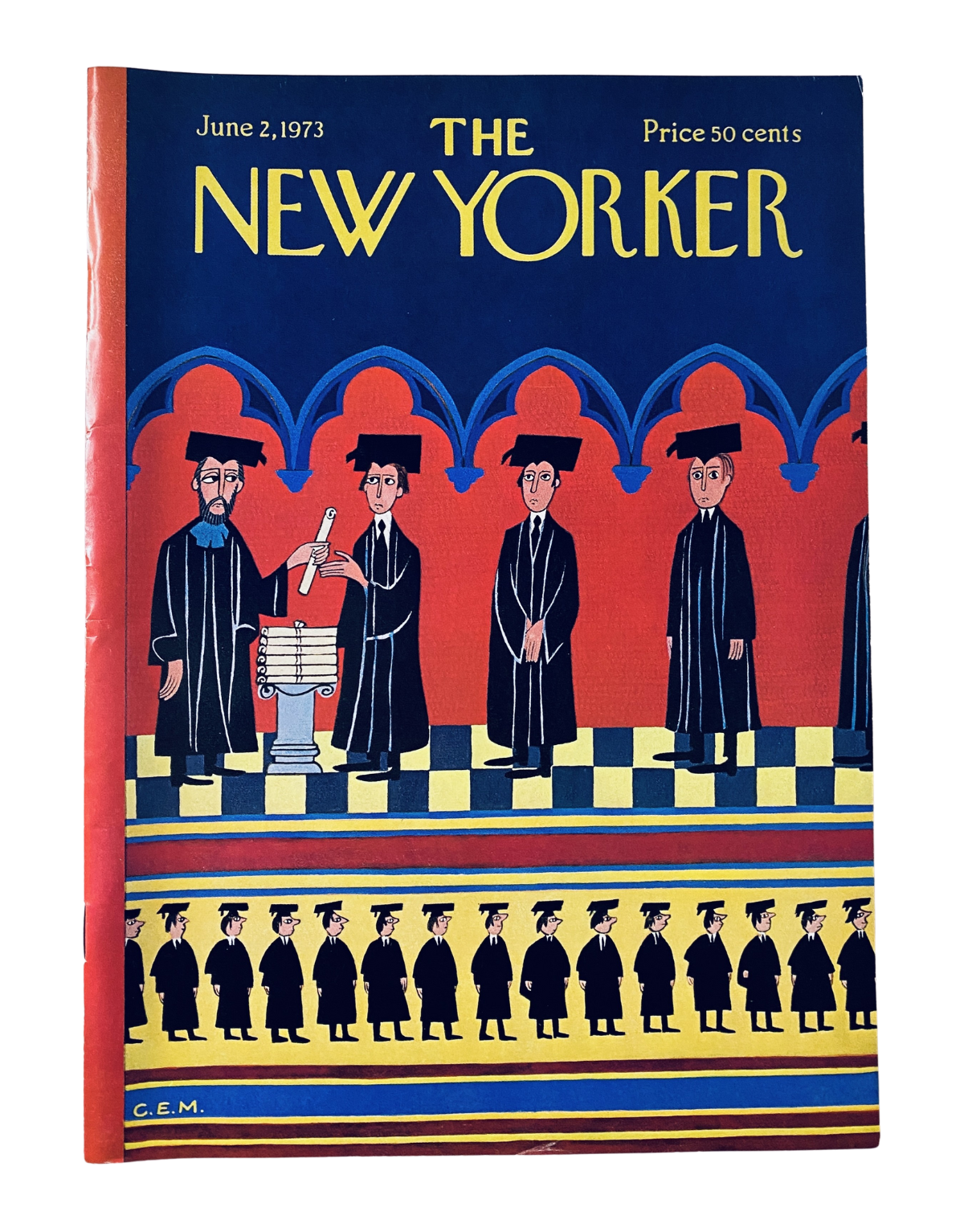 Cover of The New Yorker Magazine June 2, 1973 featuring a graduation ceremony illustration by Charles E. Martin, showing a colorful depiction of graduates in caps and gowns.