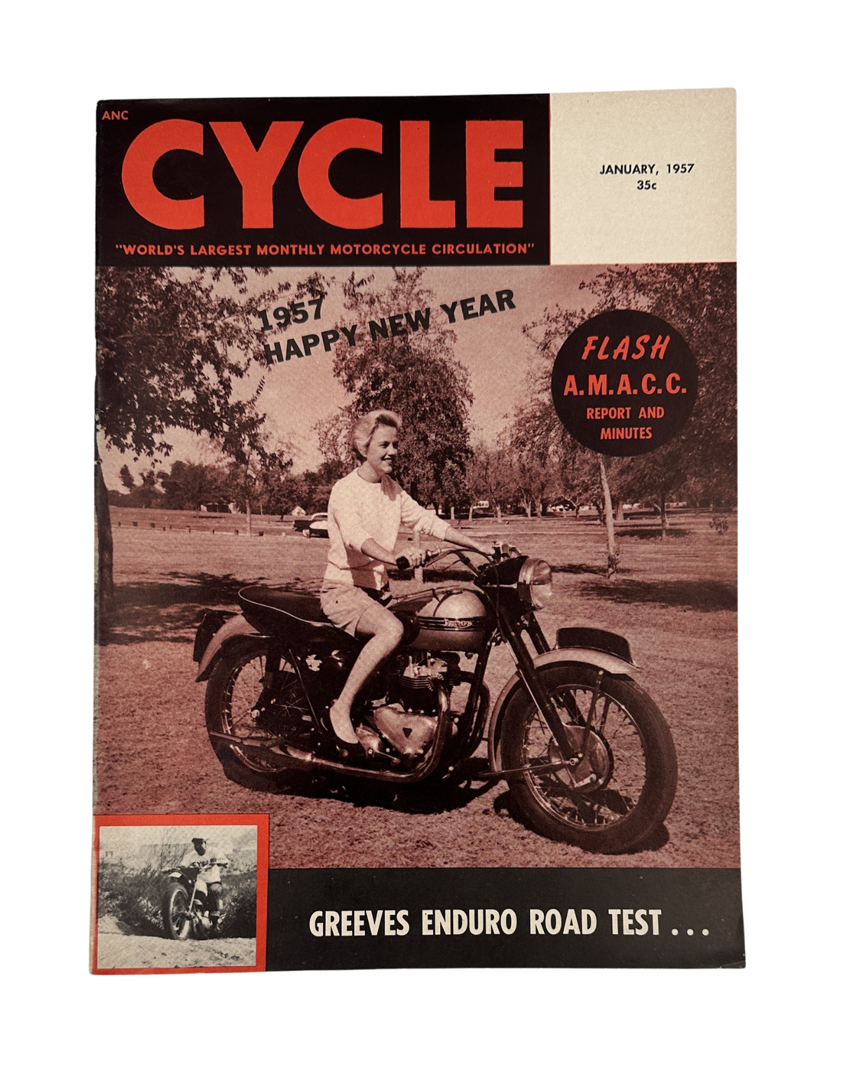 Cycle Magazine January 1957 cover featuring Greeves Enduro Road Test and A.M.A. Report, with a man sitting on a motorcycle in a field.