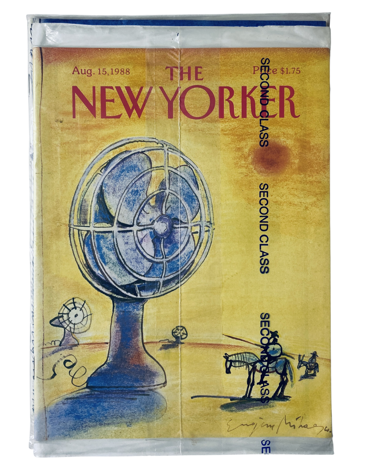 SEALD The New Yorker Magazine August 15, 1988 featuring an Electric Fan cover illustration by E. Mihaesco. The magazine is brand new and factory sealed, showcasing vintage art with an iconic fan design.