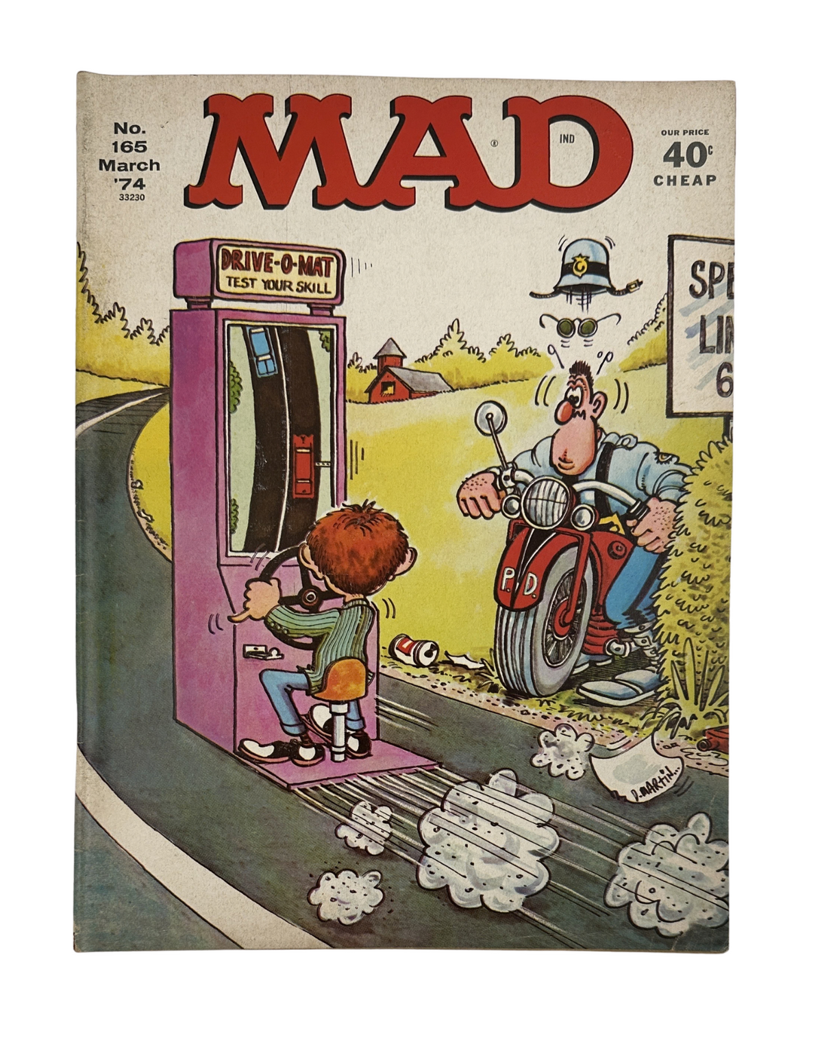 Cover of MAD Magazine No. 165 from March 1974 featuring a humorous illustration of a child at a vending machine, with a police officer observing on a motorcycle, highlighting the theme of 'James Bomb'.