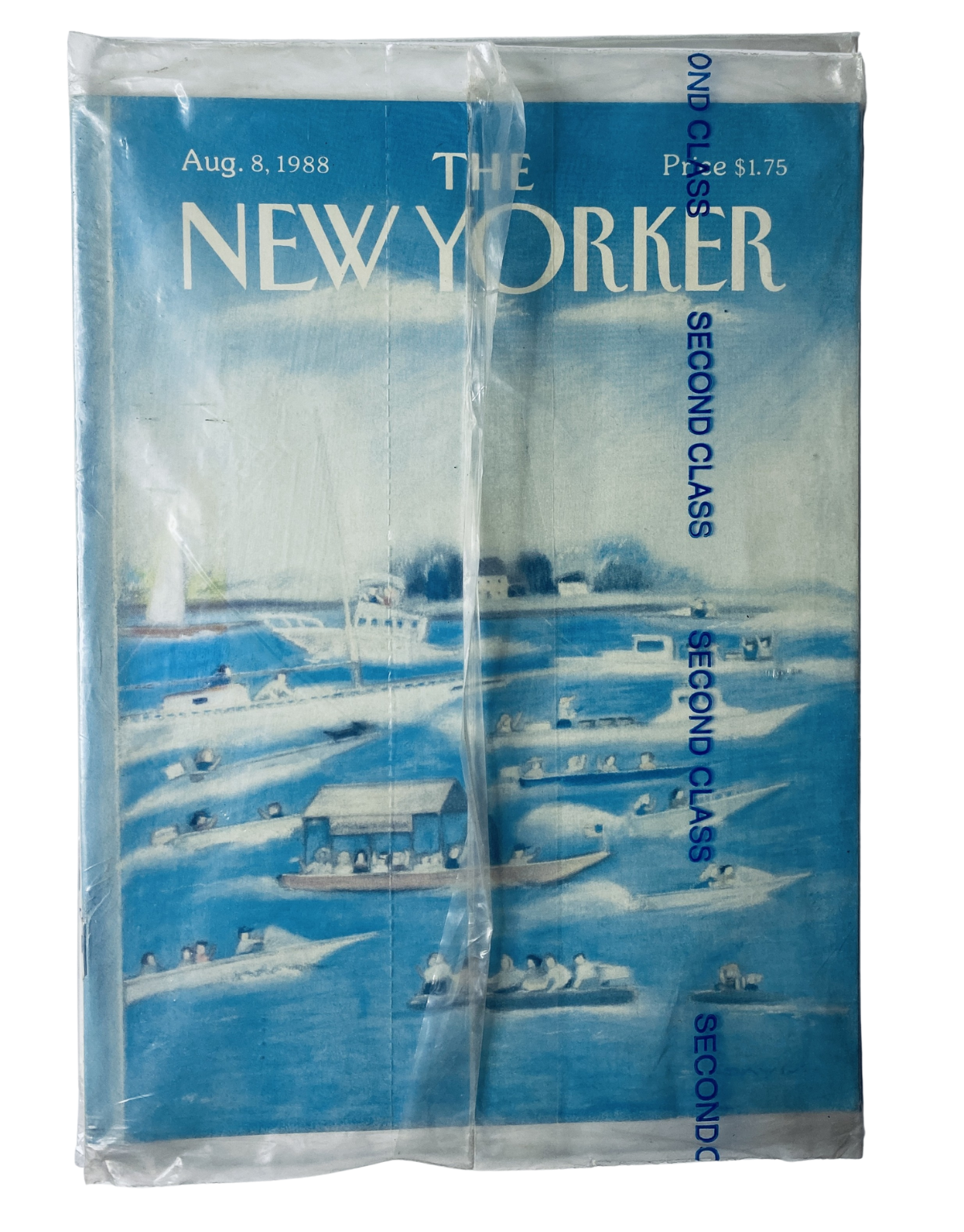 SEALED The New Yorker Magazine August 8, 1988 featuring a Summer Harbor Speedboat cover design, preserved in original packaging, ideal for vintage magazine collectors.