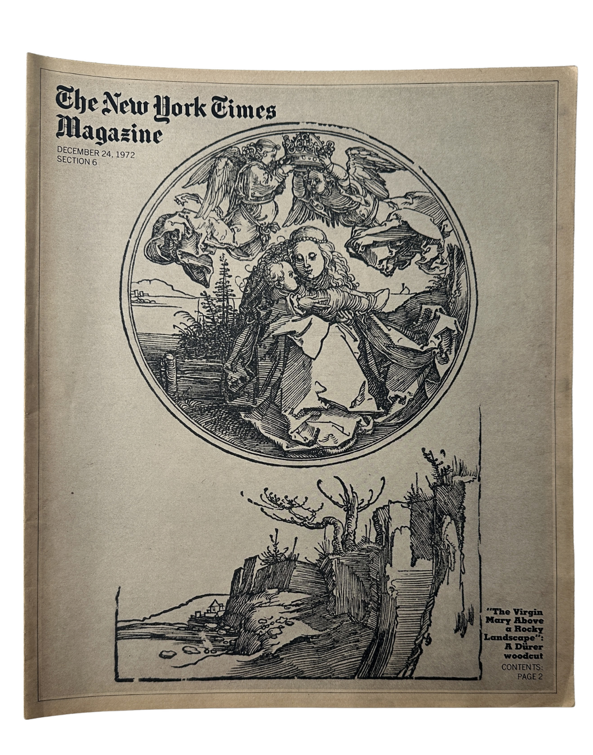 The New York Times Magazine December 24, 1972 cover featuring an Albrecht Dürer nativity scene illustration, showcasing intricate details and unique composition.