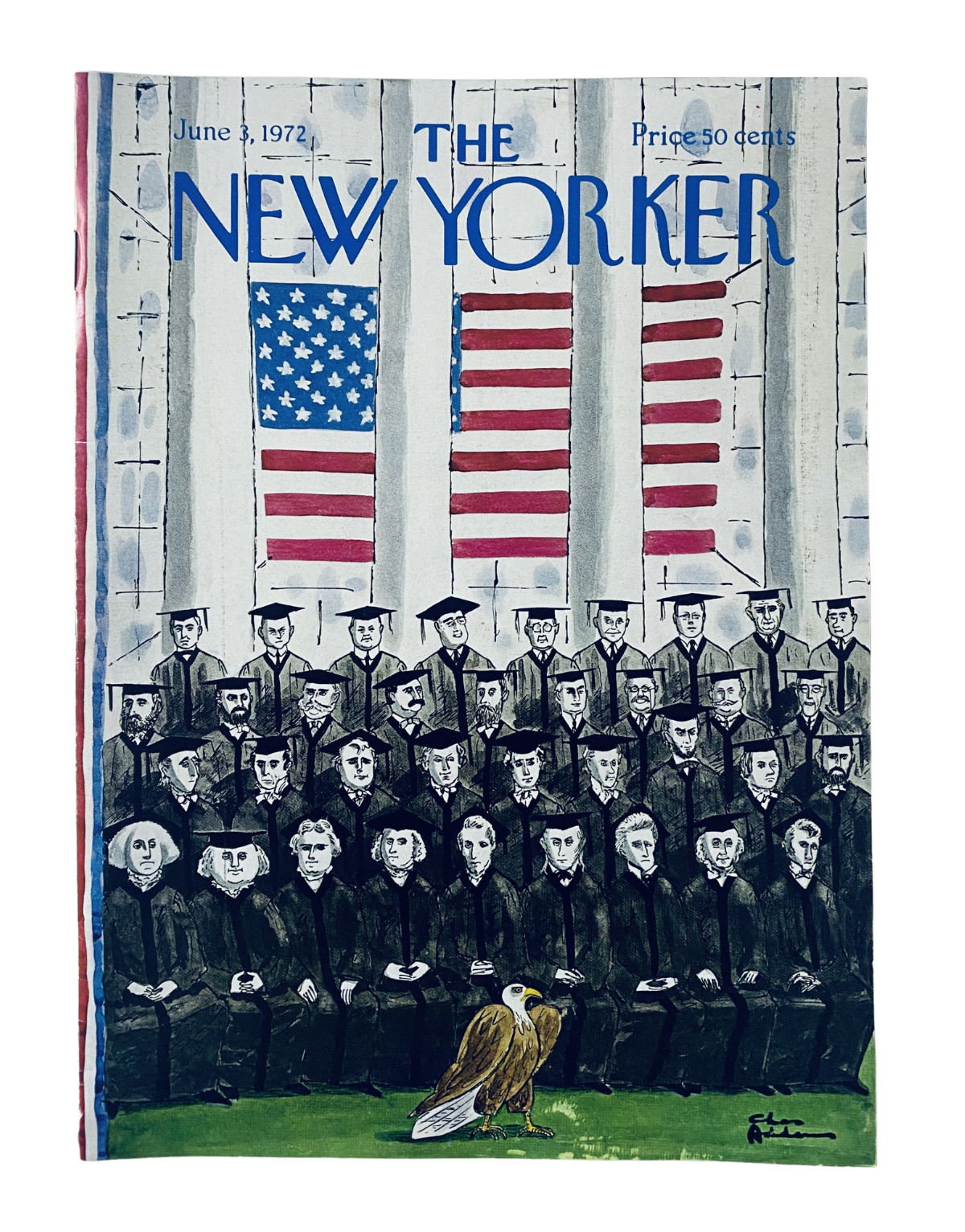 The New Yorker Magazine June 3, 1972 cover featuring a graduation scene with American flags and characters illustrated by Charles Addams.