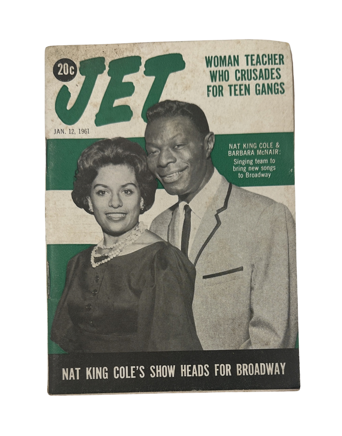 Cover of Jet Magazine from January 12, 1961 featuring Nat King Cole and Barbara McNair, highlighting a story about them singing new songs for Broadway.