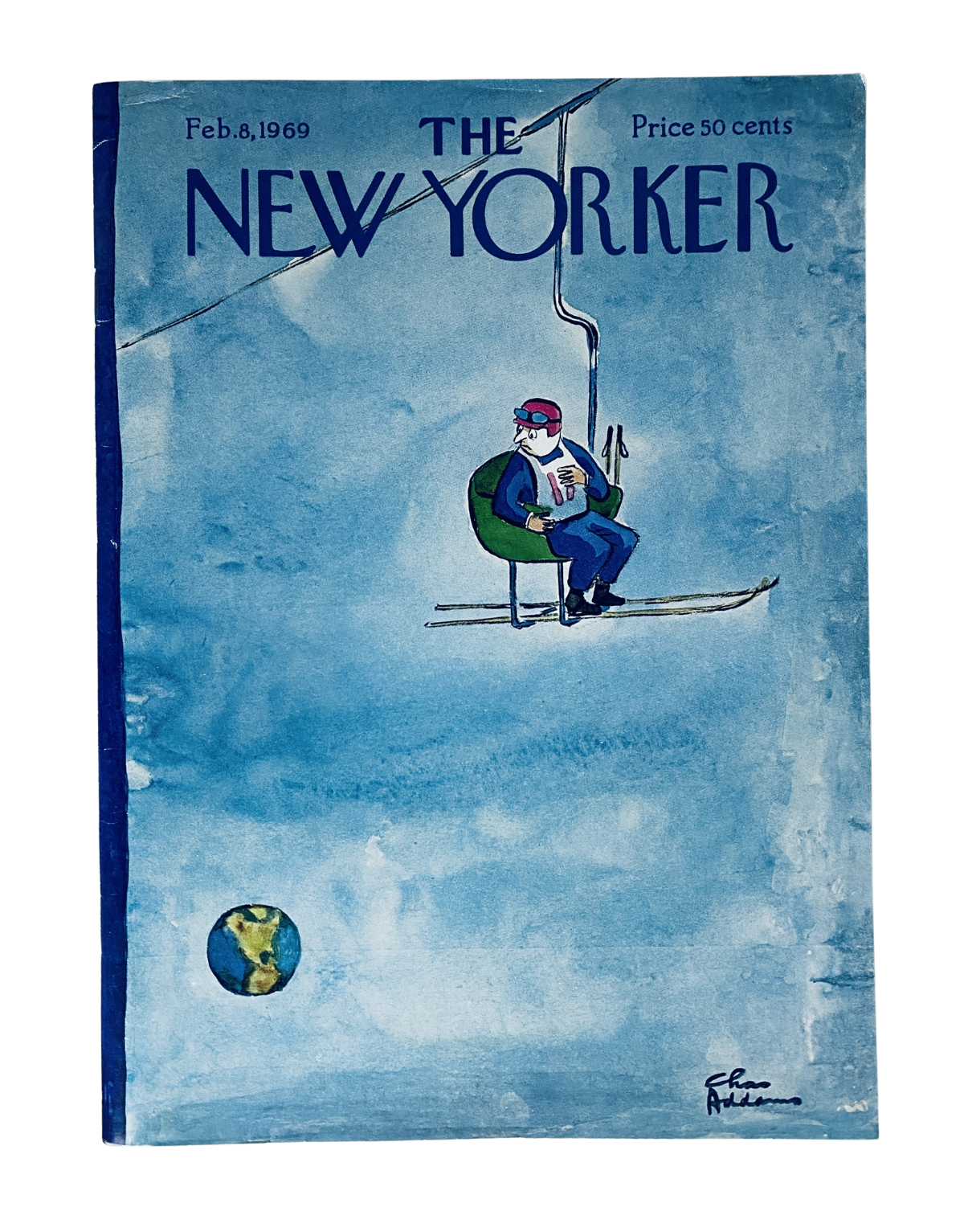 Cover of The New Yorker Magazine dated February 8, 1969, featuring a Charles Addams illustration of a man on a ski lift reading a magazine, with a light blue background.