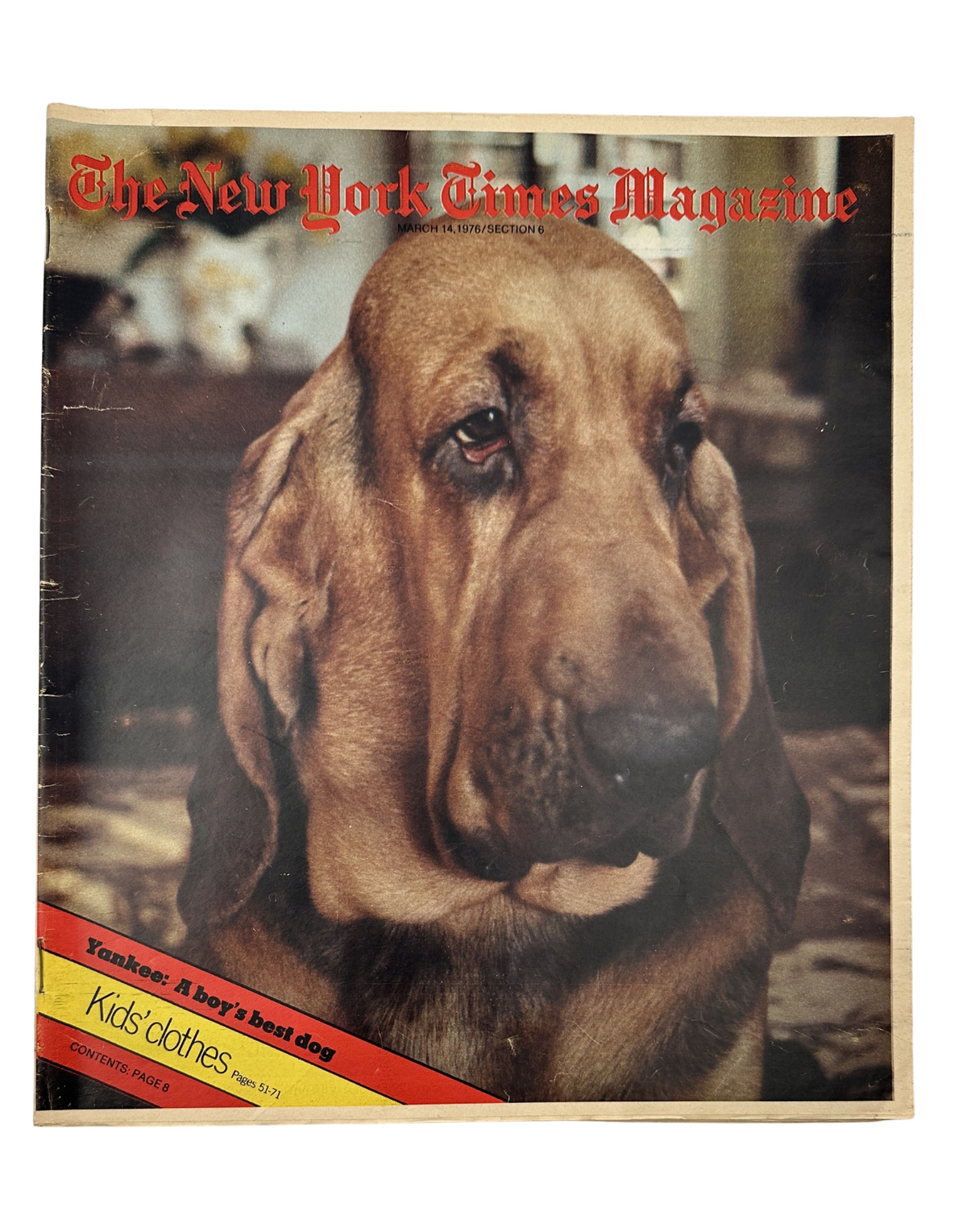 Cover of The New York Times Magazine dated March 14, 1976, featuring a bloodhound dog known as Yankee, with the title 'A Boy’s Best Dog' and a section on Kids' clothes.