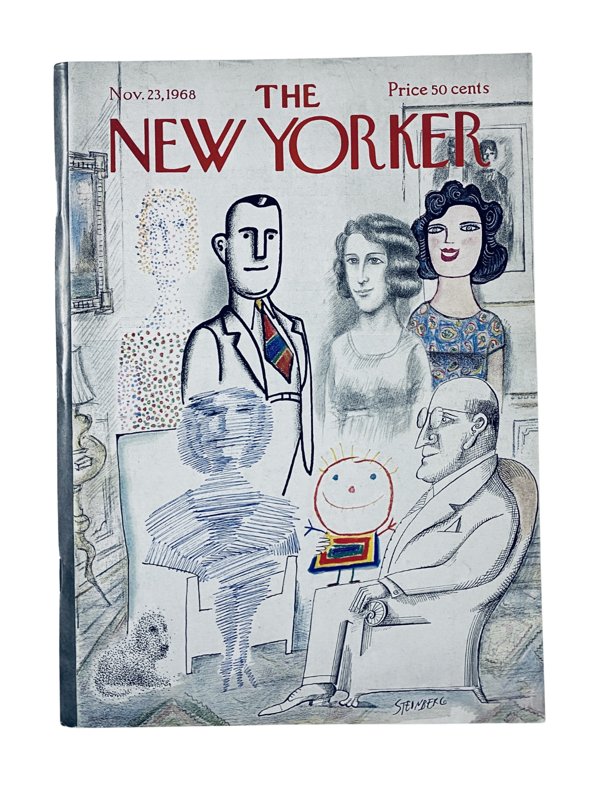 The New Yorker Magazine cover from November 23, 1968, featuring Saul Steinberg's family-themed artwork, showcasing stylized characters in a home setting.