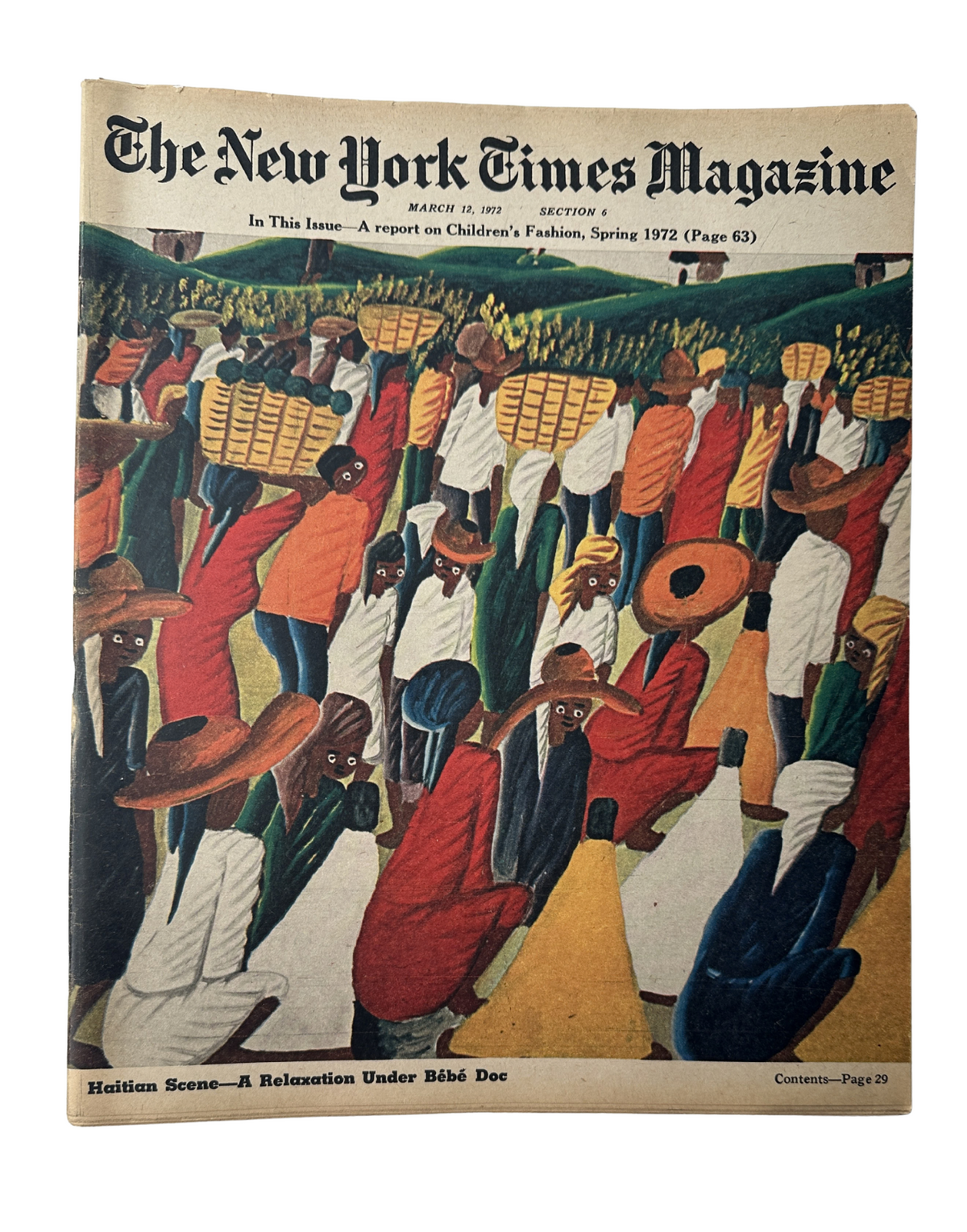 Cover of The New York Times Magazine, March 12, 1972, featuring a vibrant Haitian scene depicting a market under Duvalier's regime, accompanied by the question 'Can Archie Bunker Give Bigotry a Bad Name?'