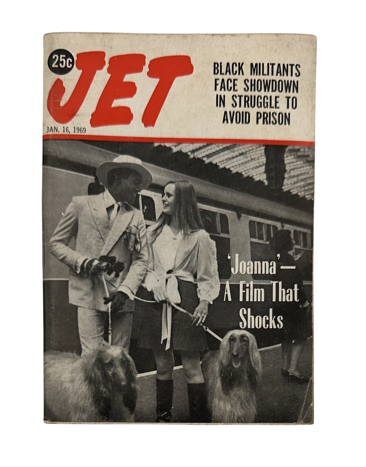 Cover of Jet Magazine from January 16, 1969 featuring Joanna Film and Black Militants facing a showdown in struggle to avoid prison. The cover showcases an image of a man and a woman, with visible dogs, set against a vintage backdrop.