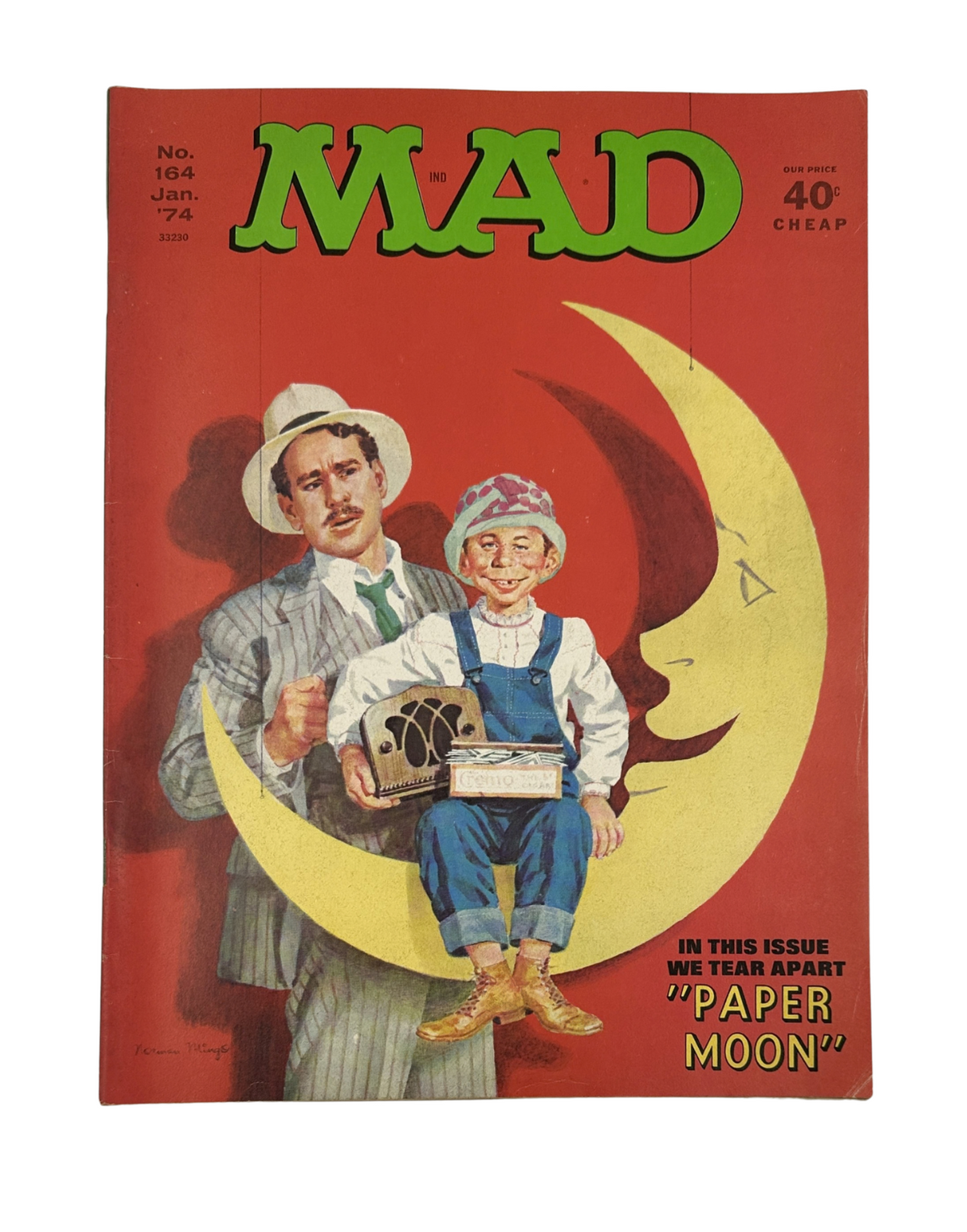 Cover of MAD Magazine No. 164 January 1974 featuring a man in a striped suit and a boy sitting on a crescent moon, with the text highlighting 'In this issue we tear apart "Paper Moon"'.