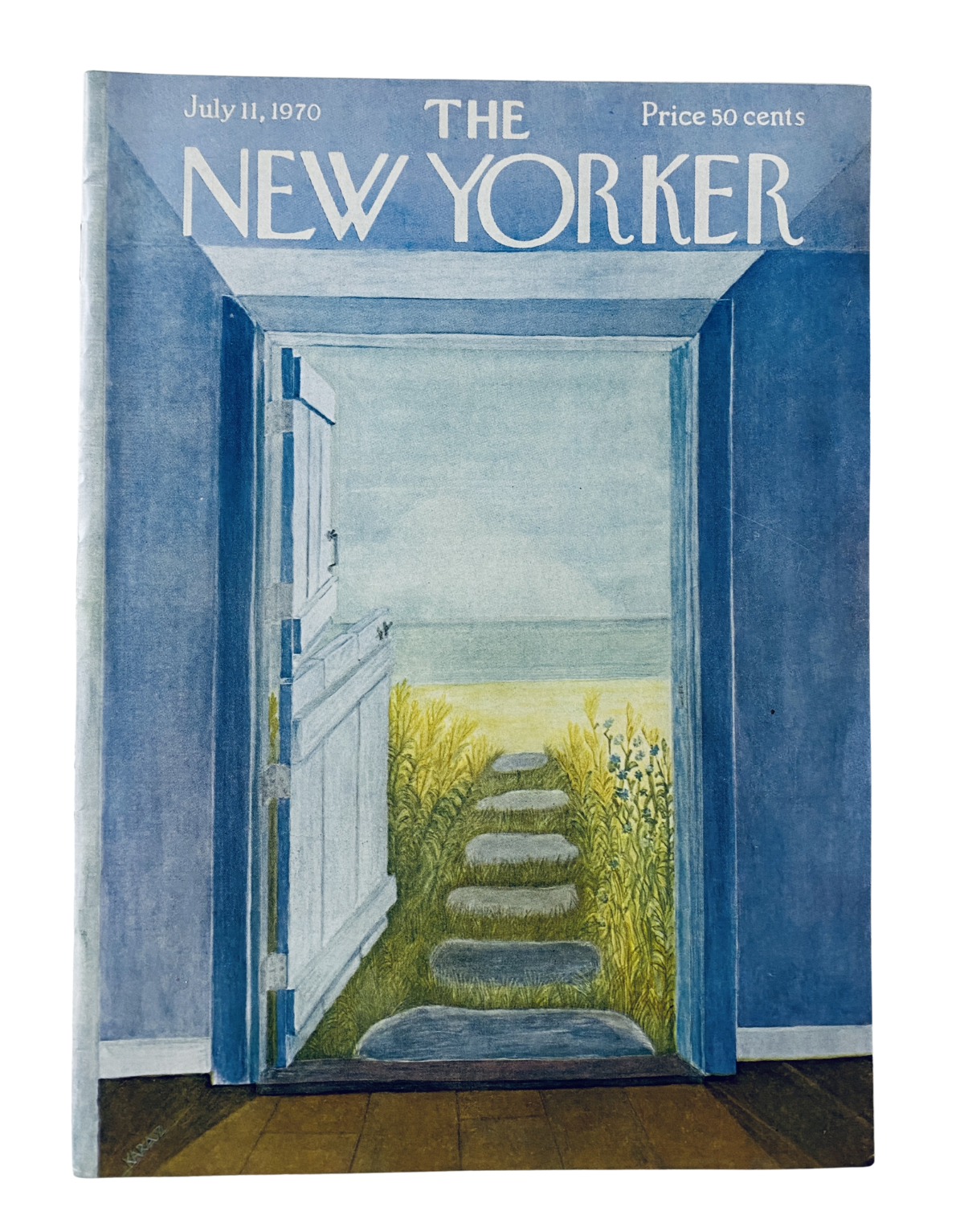 Cover of The New Yorker Magazine, July 11, 1970 featuring an open door leading to a seaside view, illustrated by Ilonka Karasz. The magazine is in very good condition with light edge wear.