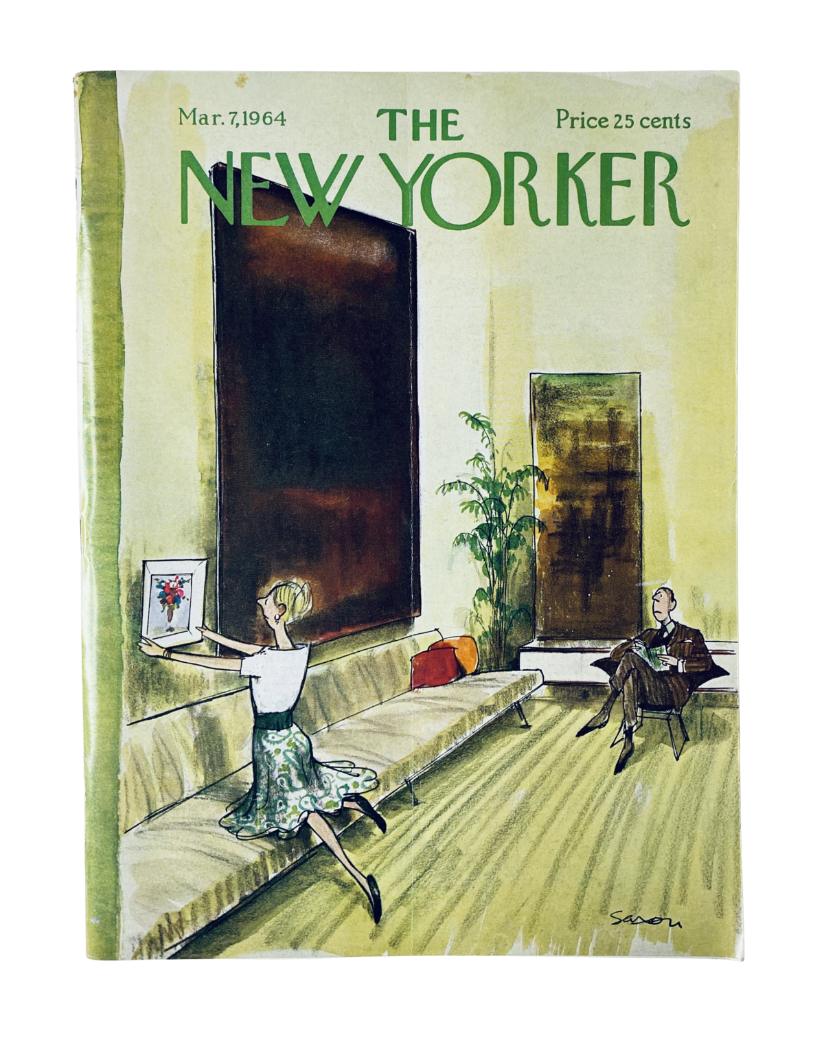 Cover of The New Yorker Magazine from March 7, 1964, featuring an art gallery interior illustrated by Charles Saxon, depicting a woman with a framed picture and a man sitting on a couch.