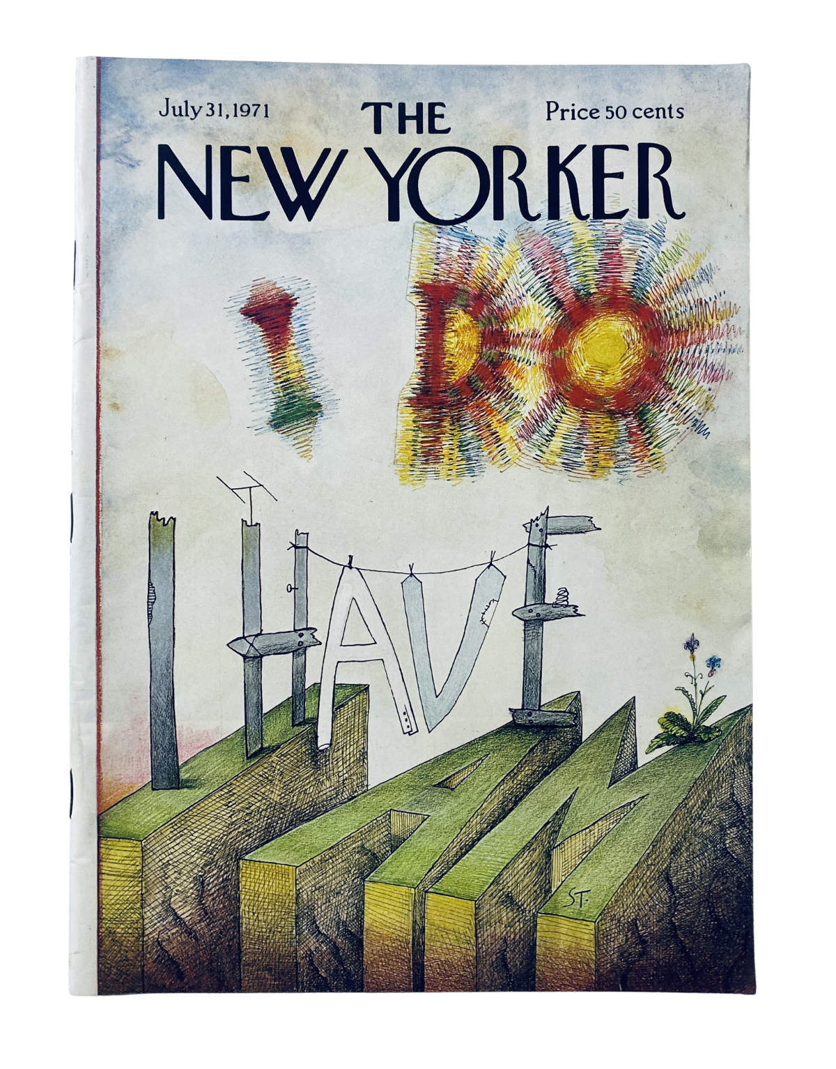 The New Yorker Magazine July 31, 1971 cover featuring Saul Steinberg's abstract word art design, showcasing imaginative typography with vibrant colors.