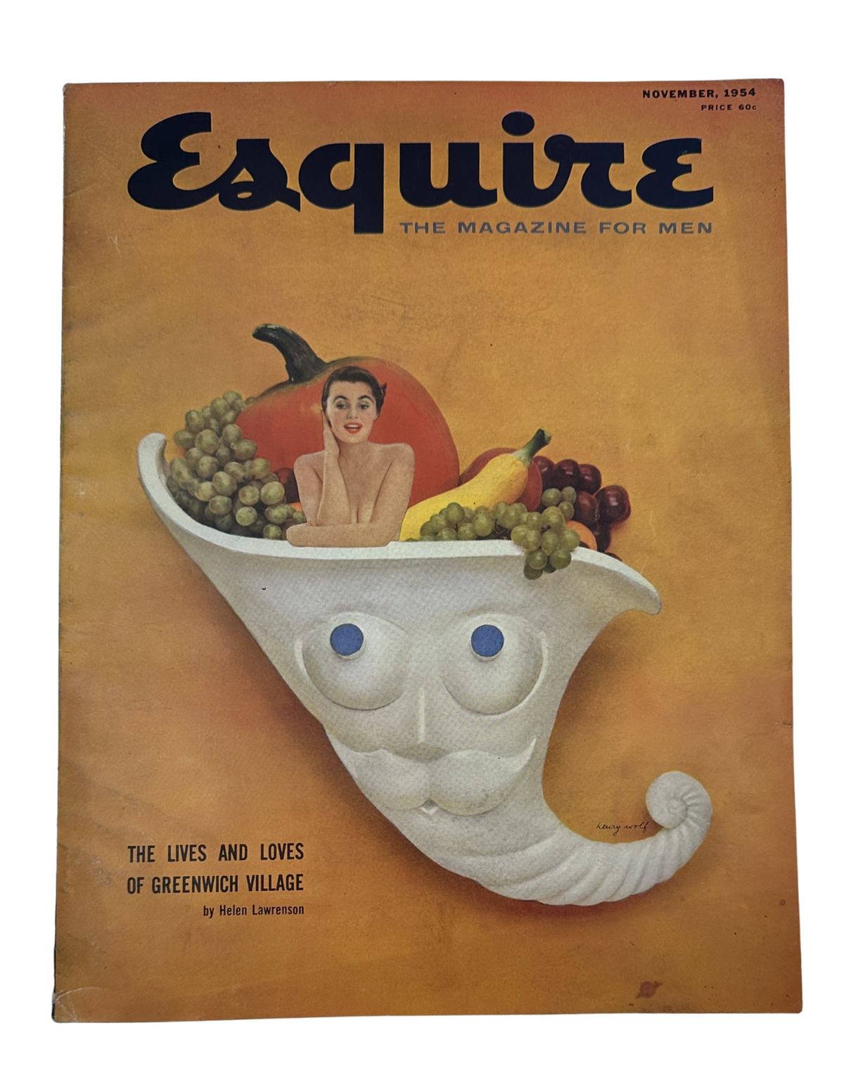 Esquire Magazine November 1954 cover featuring Jane Russell in a unique artistic design with fruits, titled 'The Lives and Loves of Greenwich Village' by Helen Lawrenson.