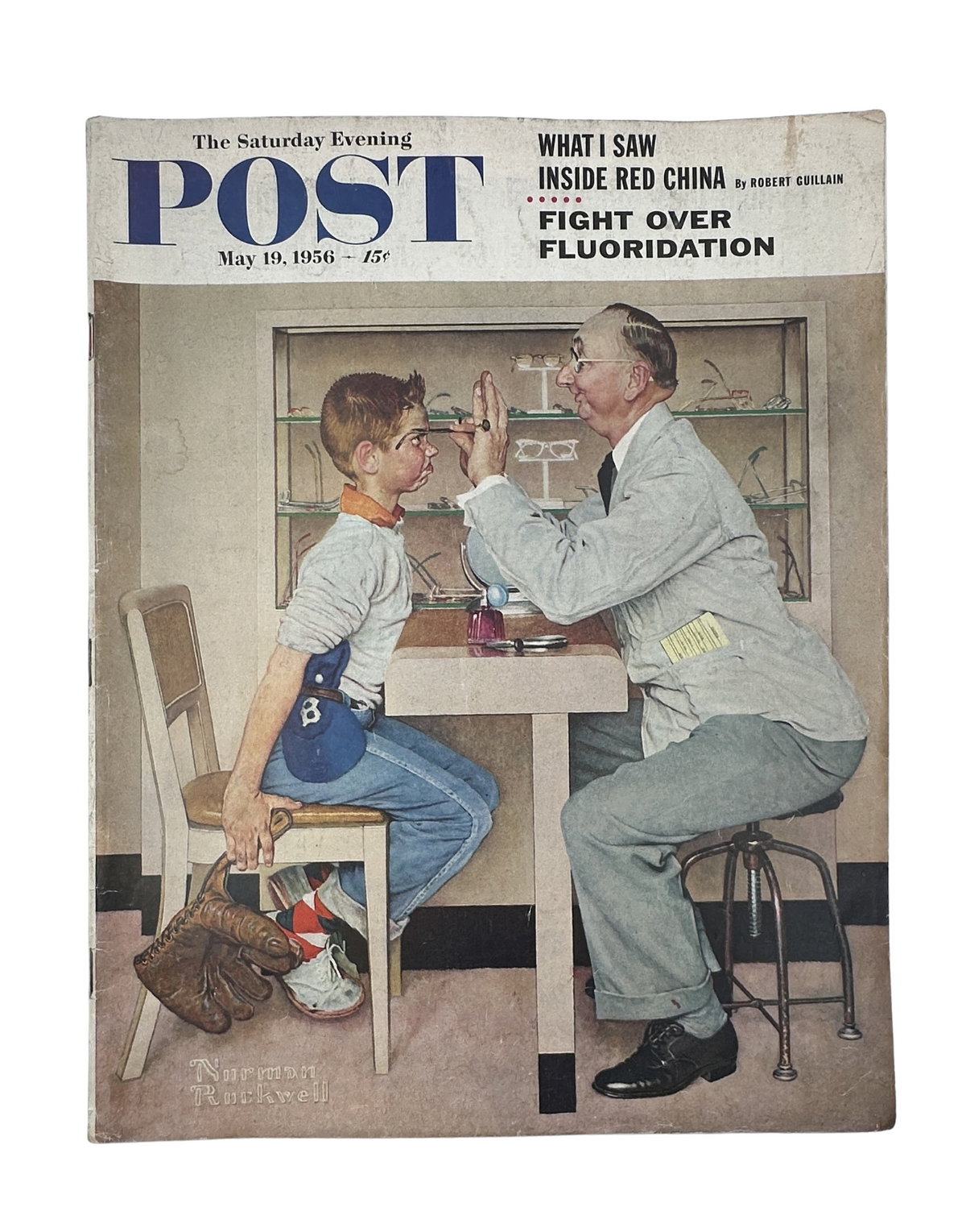 Cover of Saturday Evening Post Magazine dated May 19, 1956 featuring Norman Rockwell's illustration of a boy in a doctor's office discussing vision improvement, with the title 'What I Saw Inside Red China' and subtitle 'The Fight Over Fluoridation'.