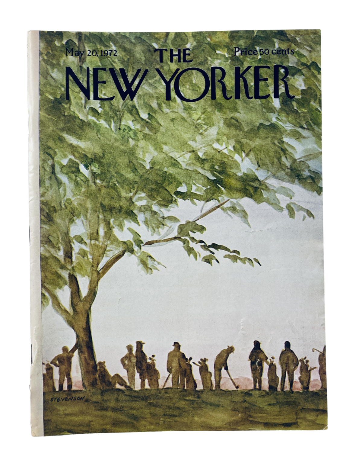 Cover of The New Yorker magazine dated May 20, 1972, featuring watercolor-style tree silhouettes with golfers in a serene outdoor setting, illustrated by J. Stevenson.
