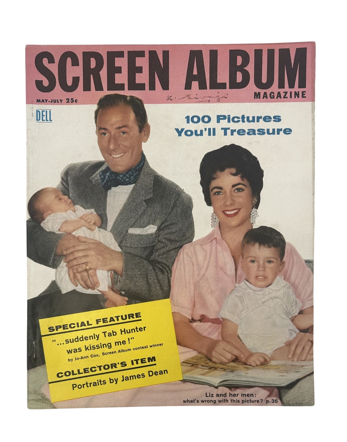 Cover of Screen Album Magazine from May 1956 featuring actors Tab Hunter and Elizabeth Taylor with children. The magazine promises '100 Pictures You'll Treasure.' Collectible item highlighting iconic Hollywood features.