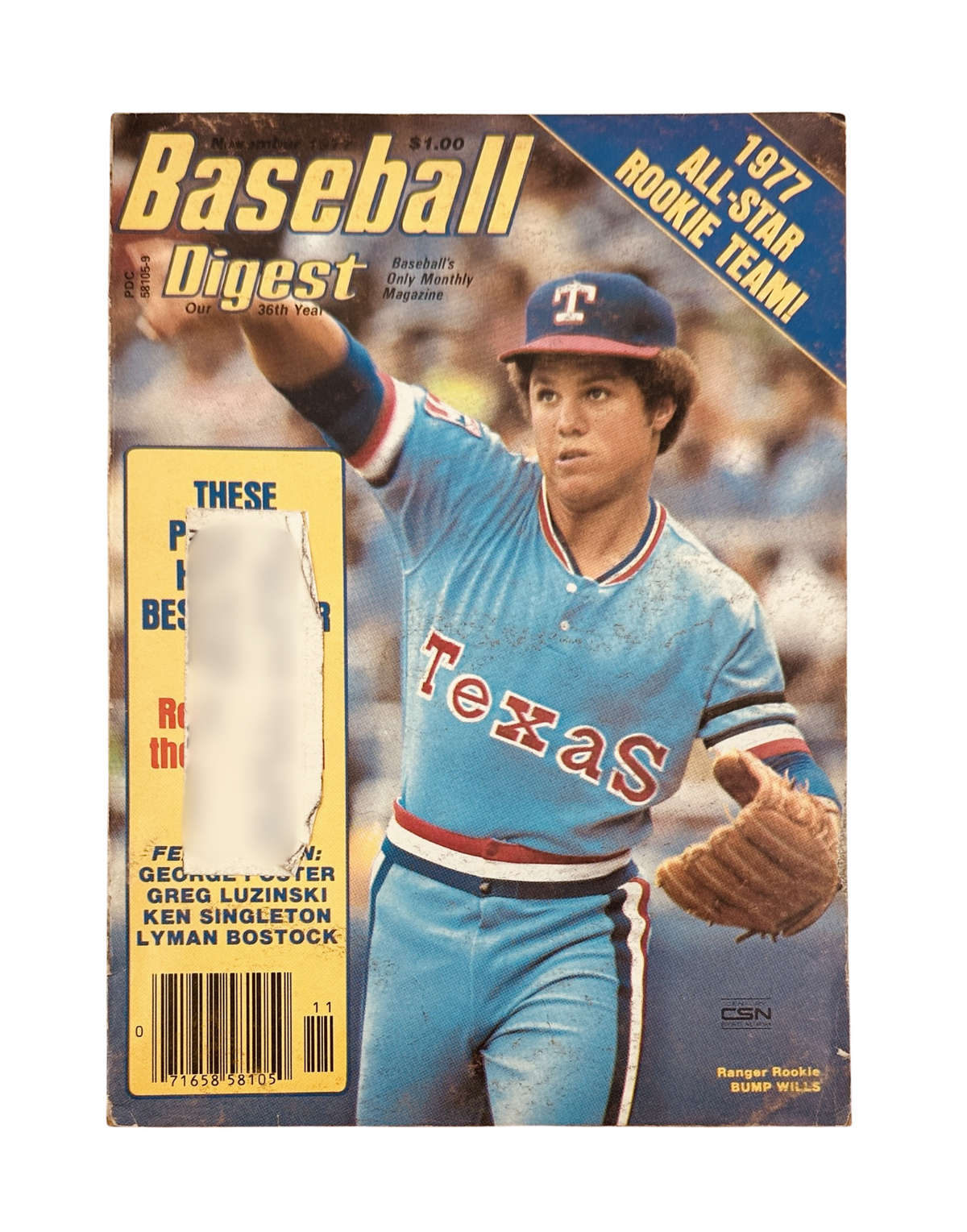 Cover of Baseball Digest Magazine from November 1977 featuring Bump Wills, a rookie player, highlighted as part of the All-Star Team. The magazine showcases a blue Texas Rangers uniform with the title '1977 All Star Rookie Team'.