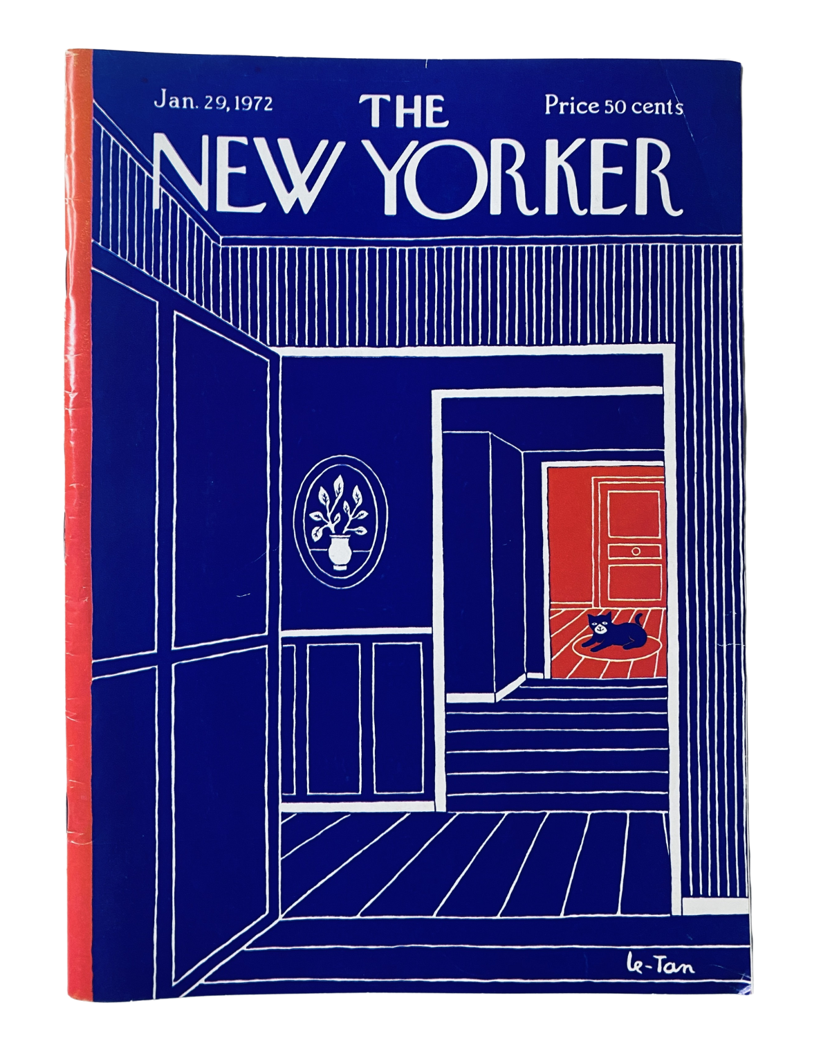 The New Yorker Magazine January 29, 1972, featuring an artistic blue interior cover designed by Pierre Le-Tan, showcasing a hallway with contrasting colors.