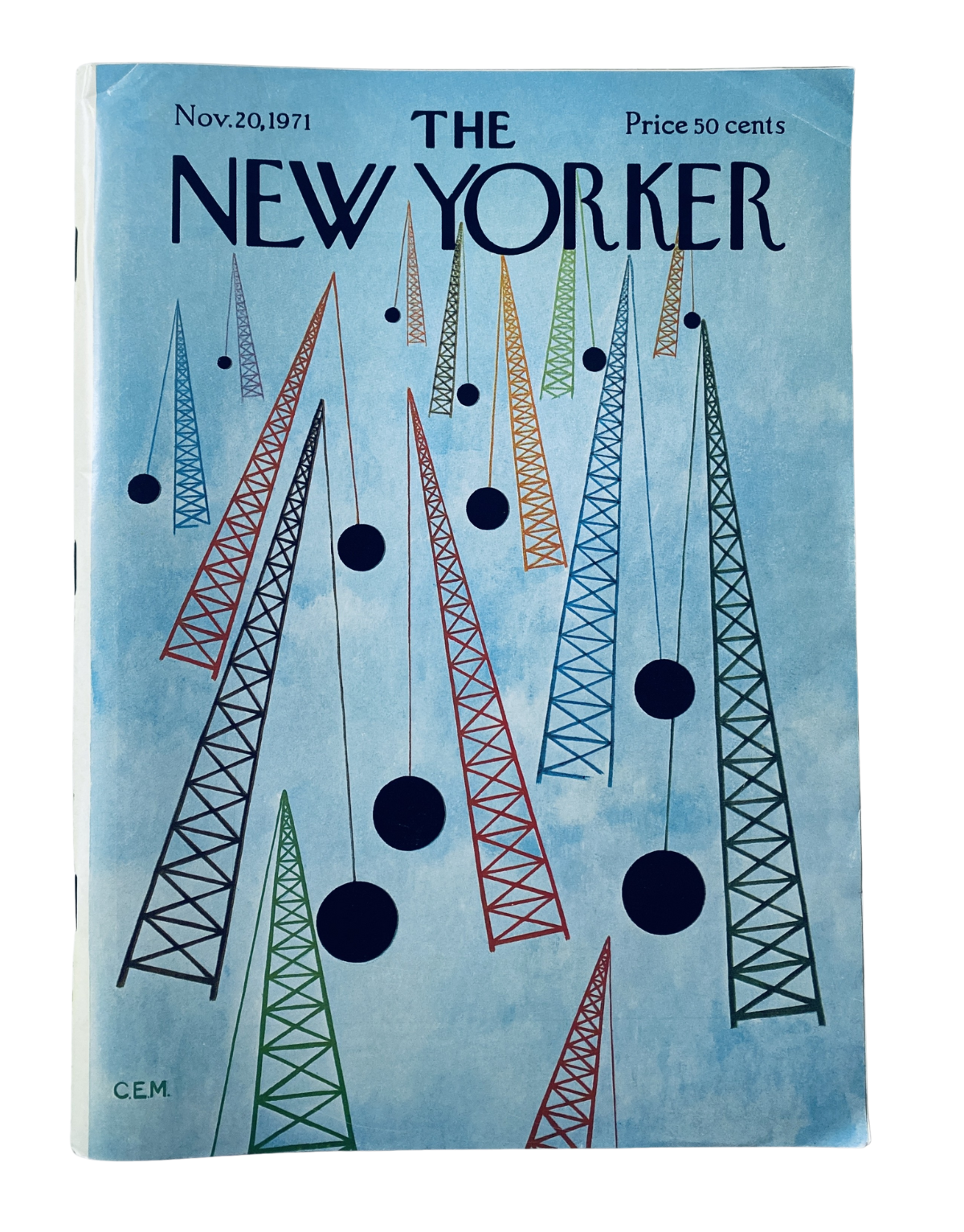 The New Yorker Magazine November 20, 1971 cover featuring abstract radio towers illustrated by C. Martin, showcasing colorful tower designs against a blue background.