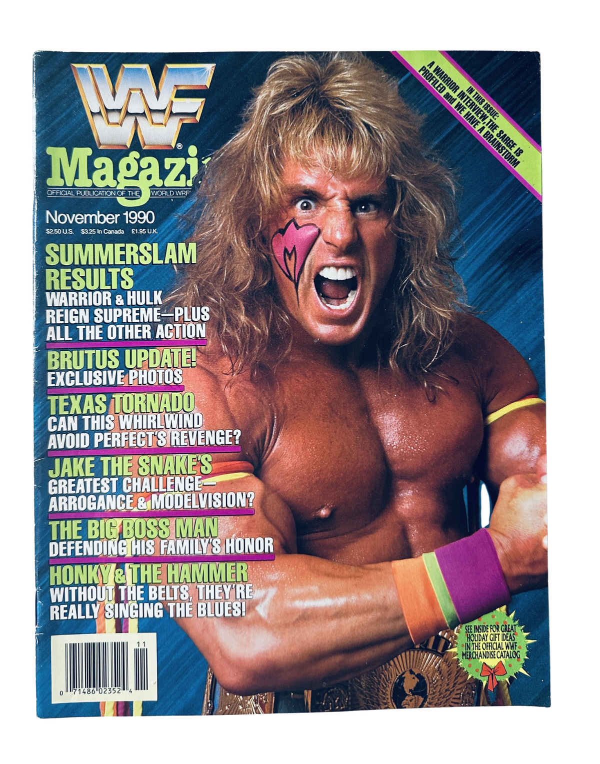 WWF Magazine November 1990 cover featuring The Ultimate Warrior, showcasing SummerSlam results and Texas Tornado, with headlines including 'Defeating His Family's Honor' and 'Honky & The Hammer Without The Belts.'