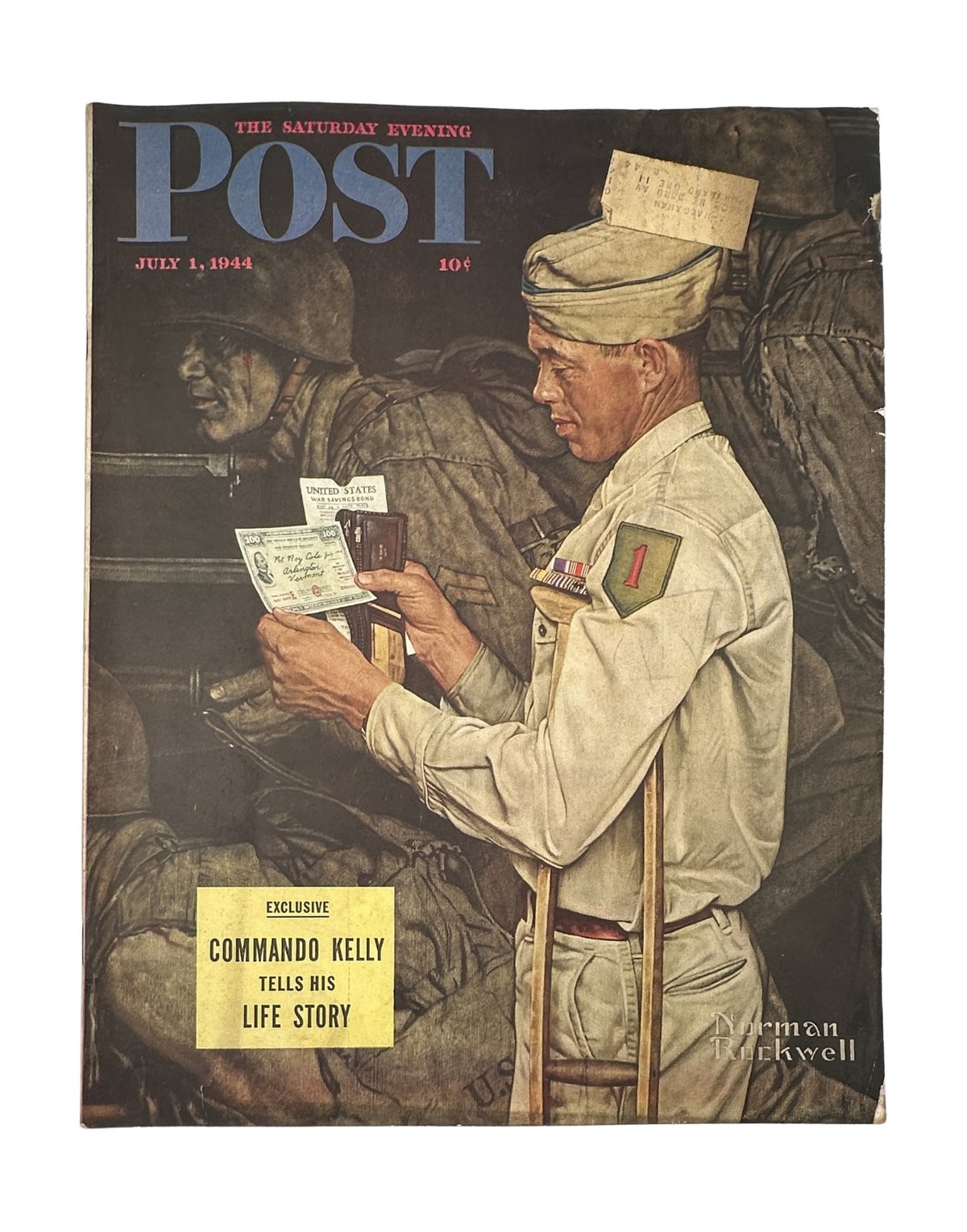 Saturday Evening Post Magazine cover from July 1, 1944 featuring artwork by Norman Rockwell, showcasing Commando Kelly holding documents and sharing his life story against a wartime backdrop.