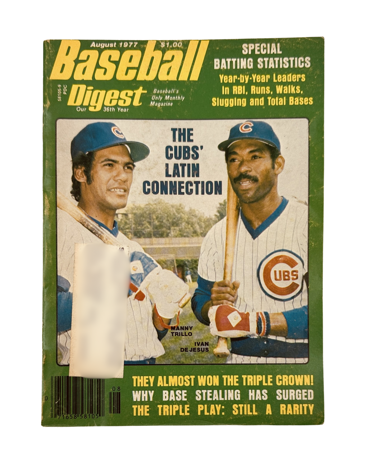 Baseball Digest Magazine August 1977 cover featuring Chicago Cubs players Manny Trillo and Ivan DeJesus, highlighting their Latin Connection and an article about the surge in base stealing.