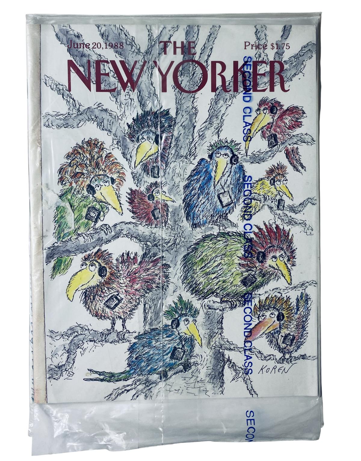 SEALED The New Yorker Magazine June 20, 1988 featuring a whimsical cover illustration of birds with headphones by Koren. Ideal for vintage magazine collectors.