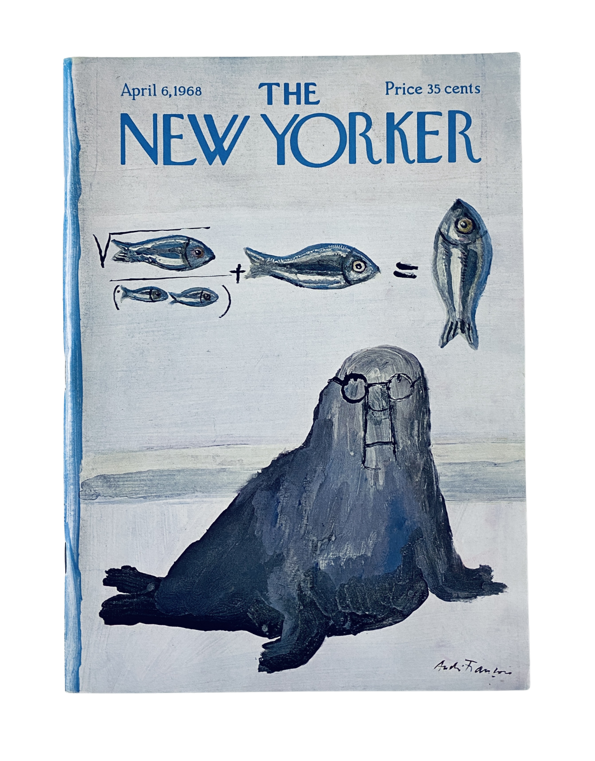 The New Yorker Magazine April 6, 1968 cover featuring a whimsical illustration by André François, showcasing a seal and a fish equation, priced at 35 cents.