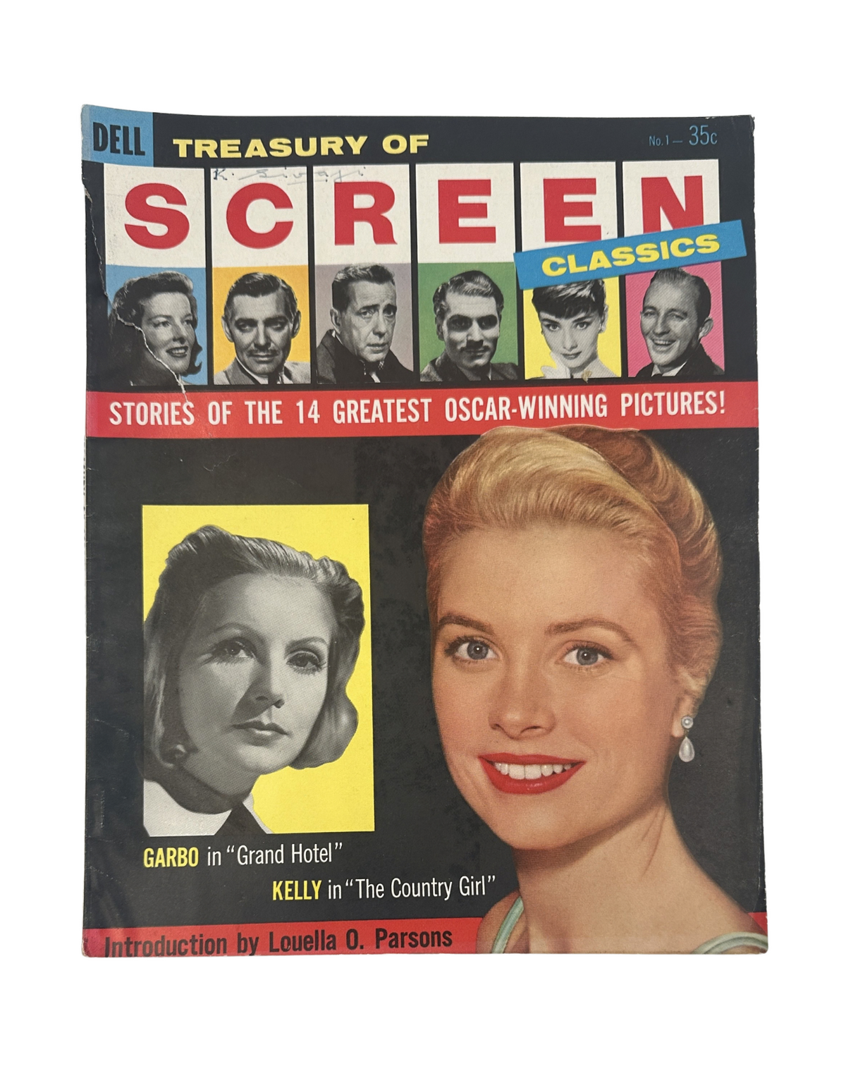 Treasury of Screen Classics Magazine from 1957 featuring Grace Kelly and Greta Garbo on the cover, showcasing iconic Oscar-winning films, with a vibrant and colorful design.