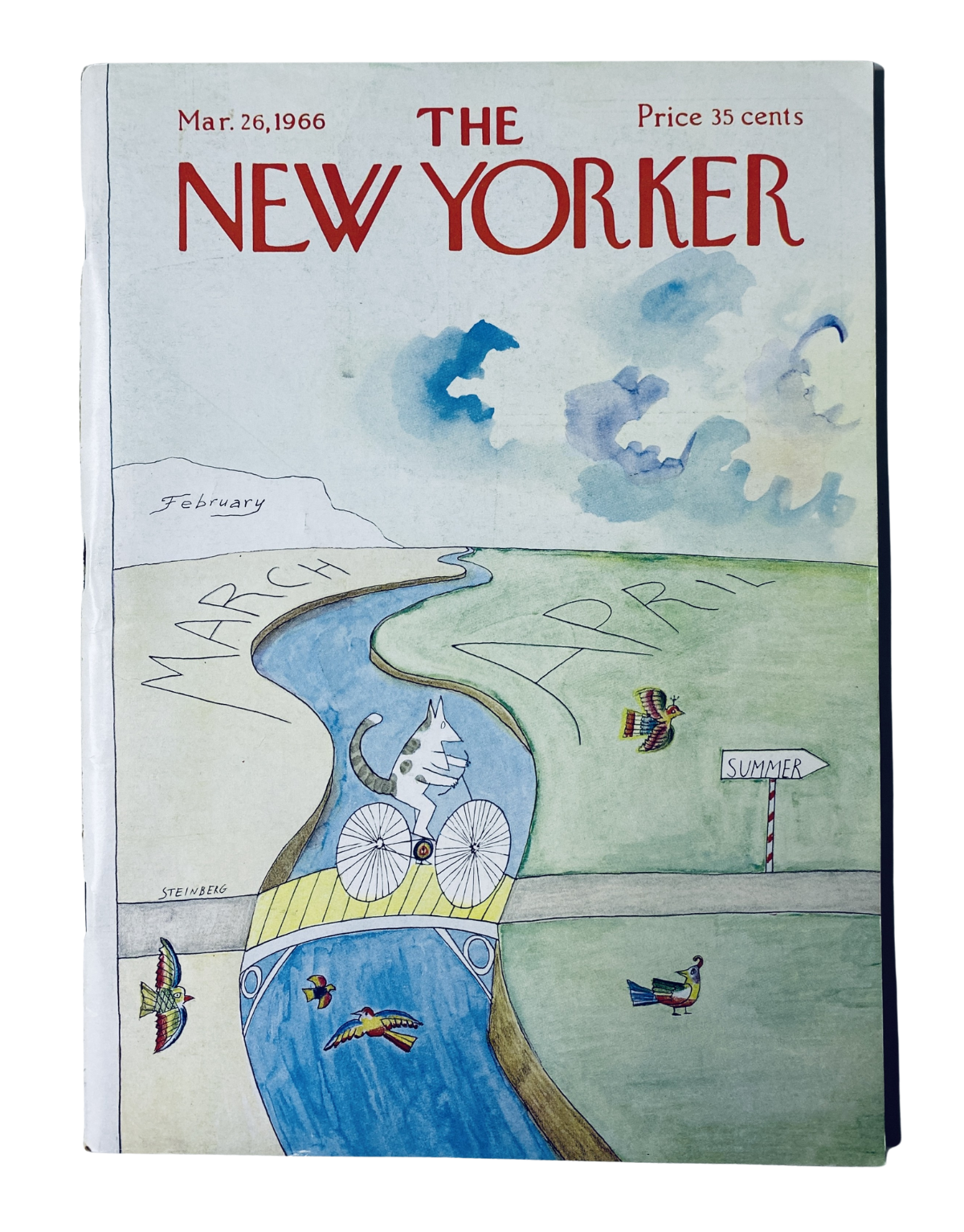 Cover illustration of The New Yorker magazine dated March 26, 1966 featuring a whimsical design by Saul Steinberg depicting a river with a bicycle, showcasing the transition from February to April with a note about summer.