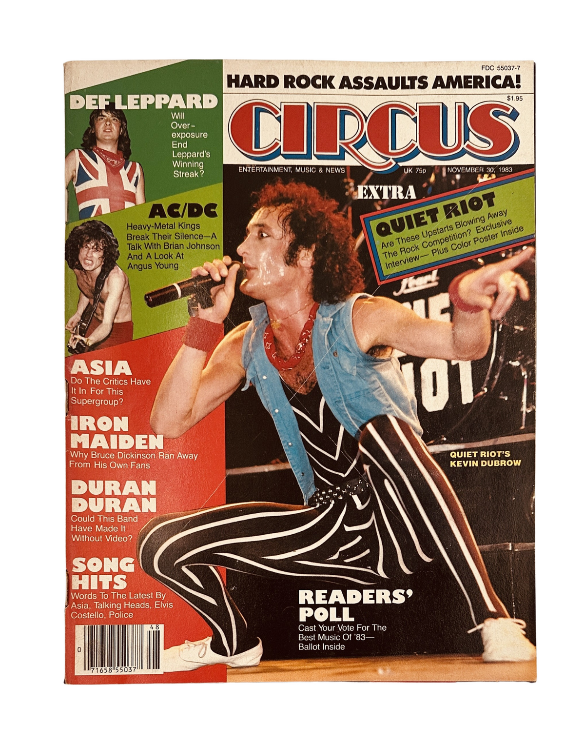 Circus Magazine November 30, 1983 cover featuring a live performance by Quiet Riot's vocalist in a striped outfit, with headlines about AC/DC, Def Leppard, and more rock legends.
