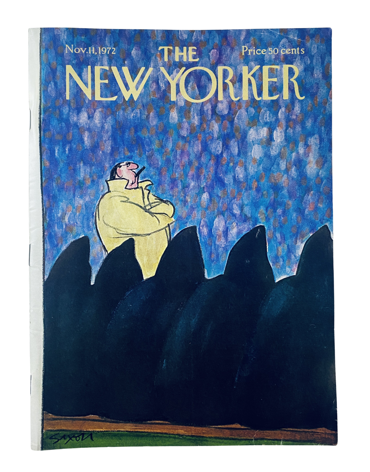 Cover of The New Yorker magazine, November 11, 1972, featuring a man in a coat against a colorful background, illustrated by Charles Saxon.