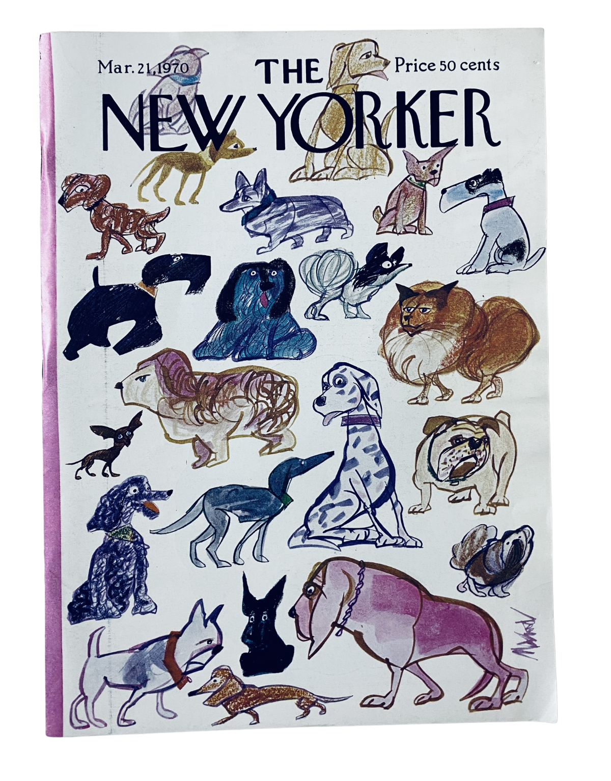 Cover of The New Yorker Magazine from March 21, 1970, featuring a colorful dog sketch design by Kenneth Mahood, showcasing various dog breeds and playful designs.