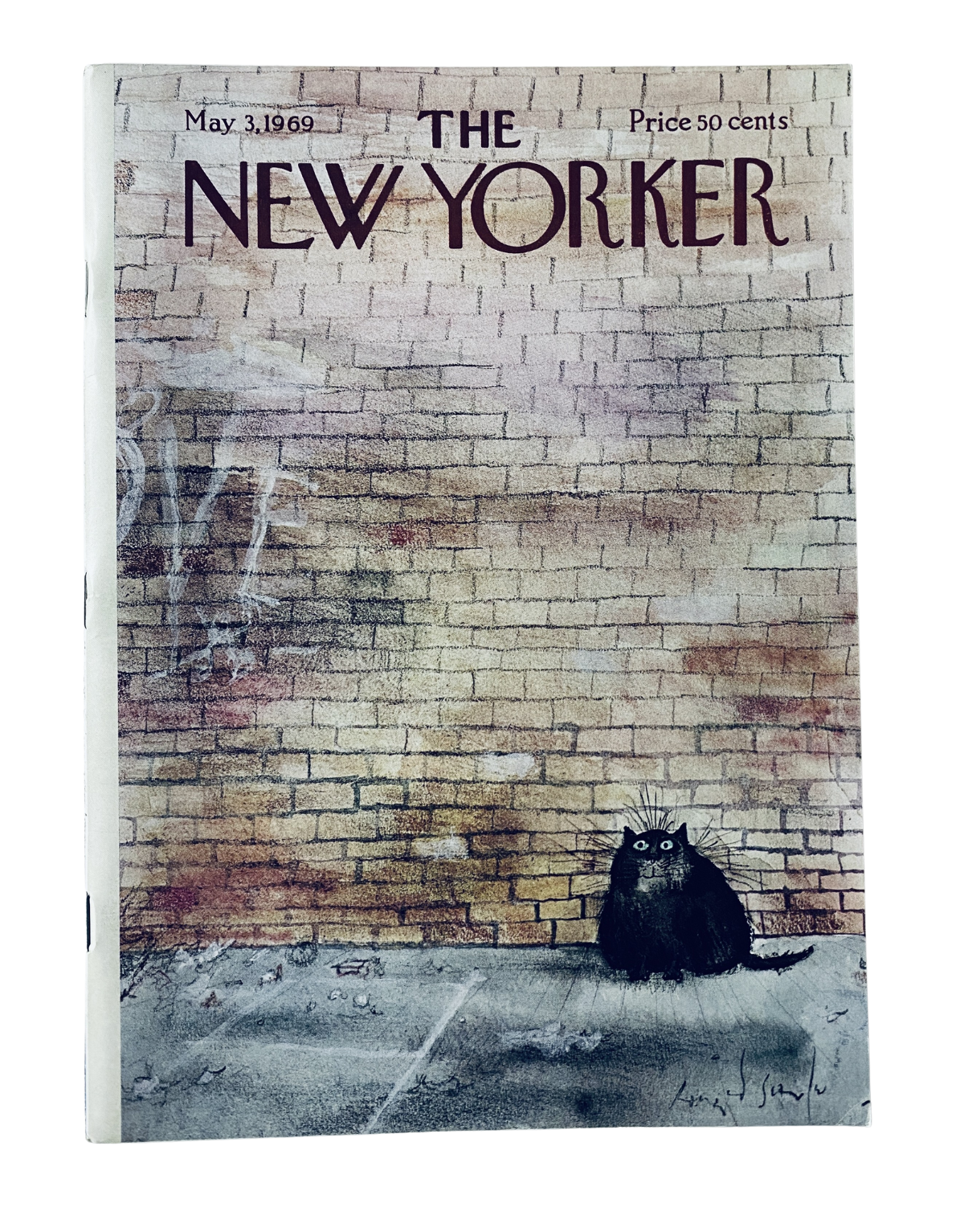 Cover of The New Yorker Magazine from May 3, 1969, featuring a whimsical illustration by Ronald Searle of a cat in front of a brick wall.