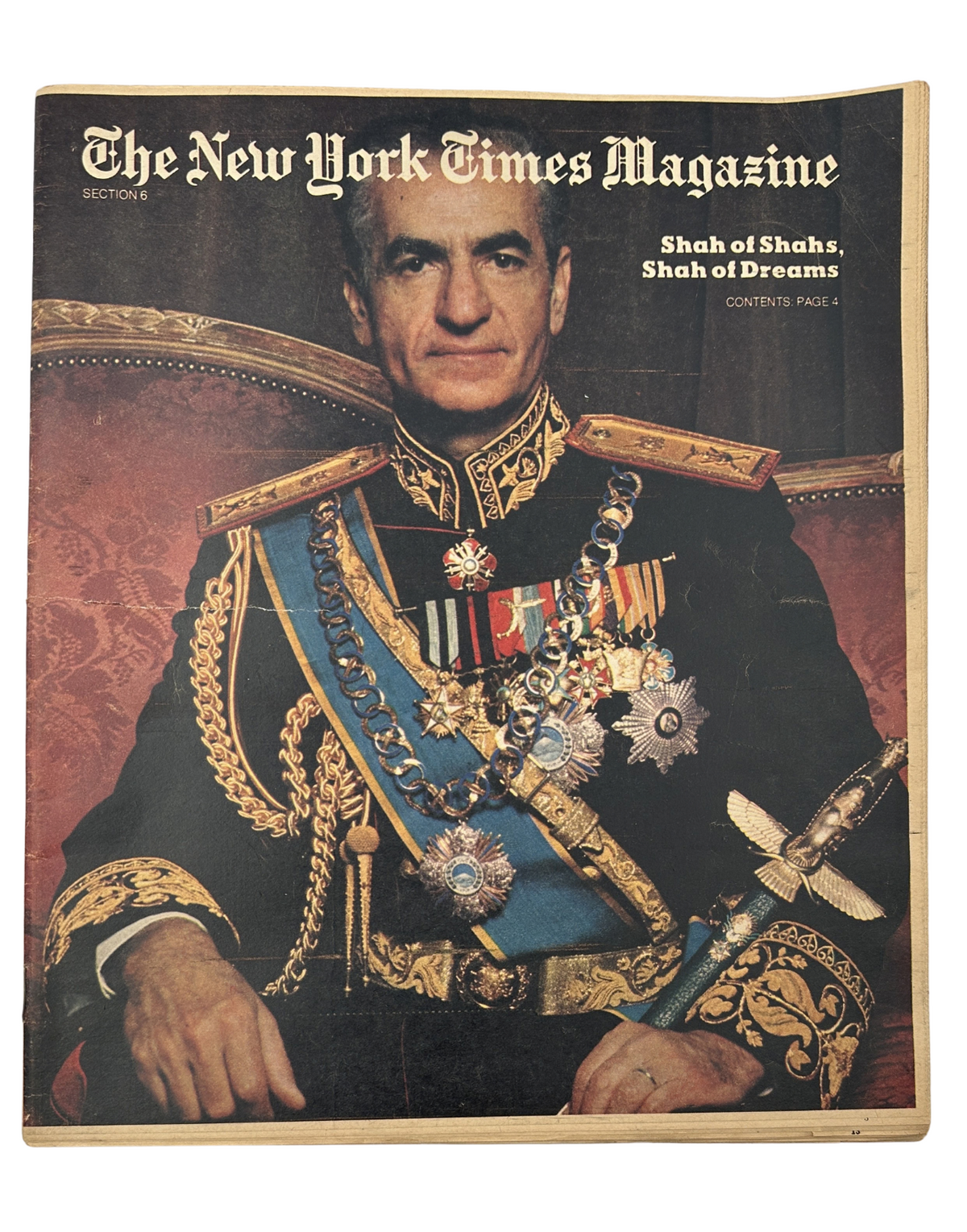The New York Times Magazine cover from 1974 featuring the Shah of Shahs, Shah of Dreams, depicting Mohammad Reza Pahlavi in royal attire with medals and decorations.