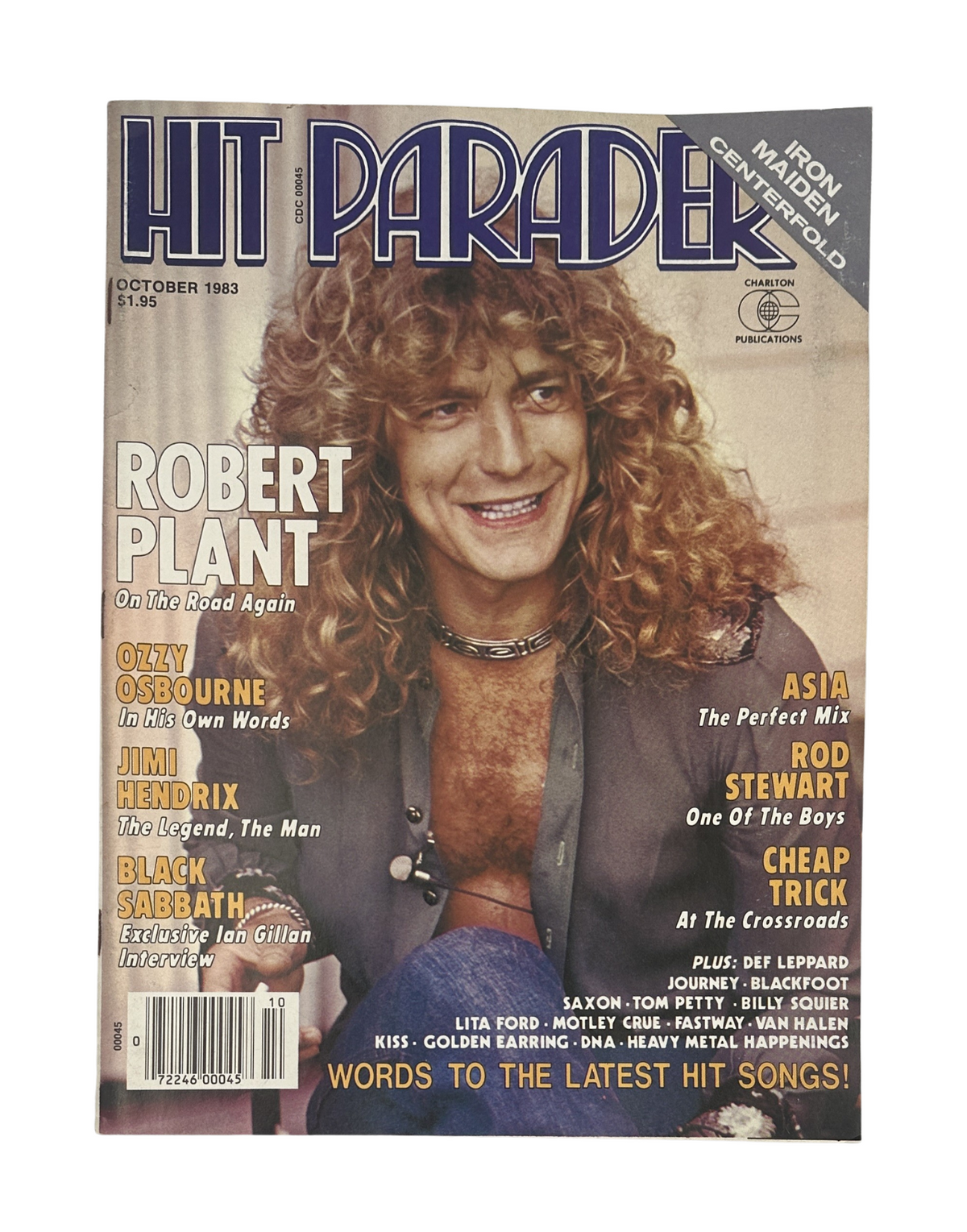Cover of Hit Parader Magazine, October 1983 featuring Robert Plant on the cover with a headline about On The Road Again, and featuring Ozzy Osbourne, Black Sabbath, and other rock icons including Asia, Rod Stewart, and Jimi Hendrix.