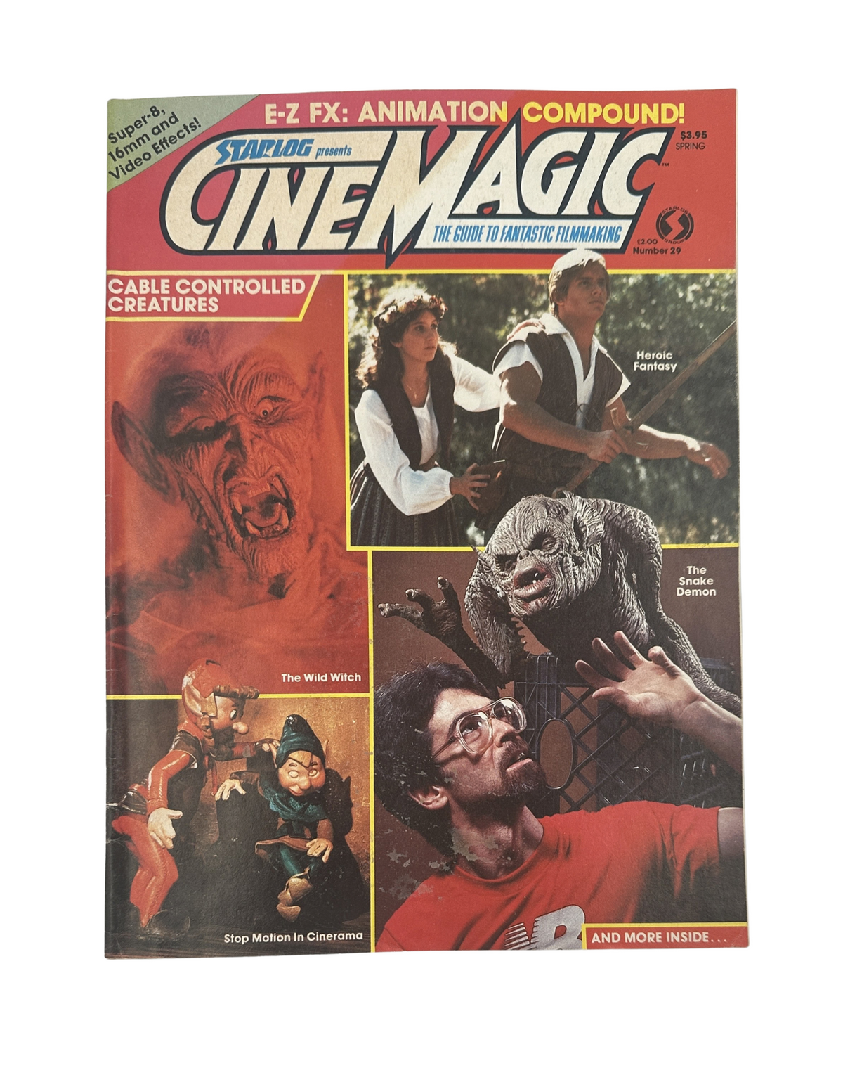 Cinemagic Magazine Spring No. 29 featuring Cable Controlled Creatures Animation on the cover, showcasing images of fantasy creatures and filmmaking techniques.