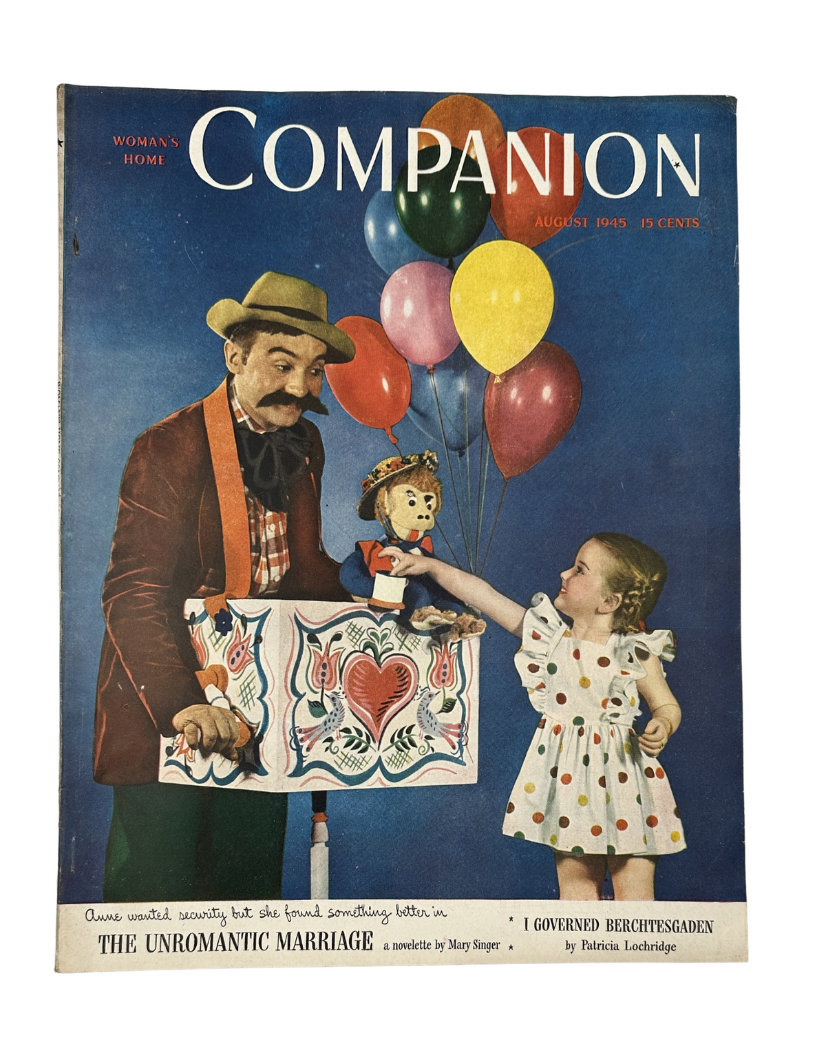 Cover of Woman's Home Companion Magazine August 1945 featuring a clown and a girl holding balloons, with the headline 'The Unromantic Marriage'.