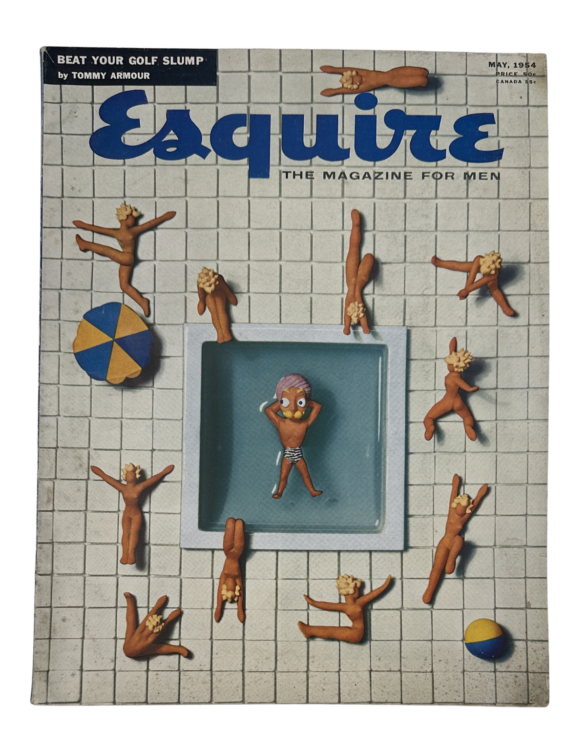 Esquire Magazine May 1954 cover featuring a whimsical design with nude figures around a pool, highlighting the theme 'Beat Your Golf Slump' by Tommy Armour.