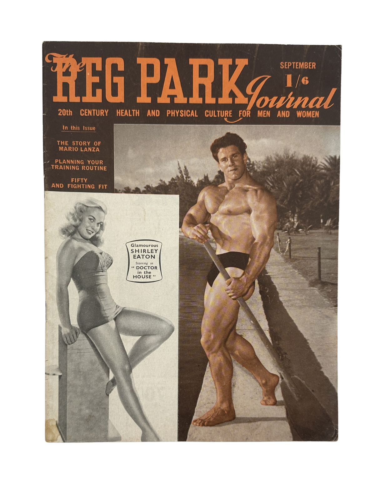 The Reg Park Journal Magazine September 1954 cover featuring Reg Park and Shirley Eaton, showcasing fitness and physical culture for men and women.