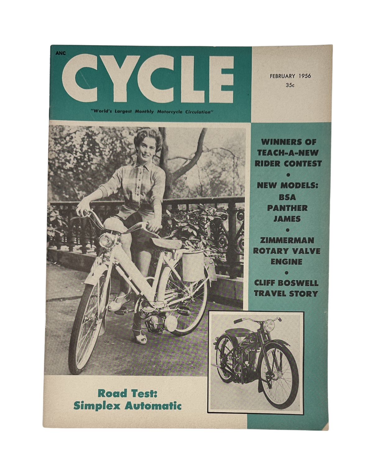 Cycle Magazine February 1956 featuring Simplex BSA Panther James Rotary Valve on the cover, showcasing a woman riding a bicycle with a playful smile, highlighting various features including a road test of the Simplex Automatic and articles on new models and travel stories.