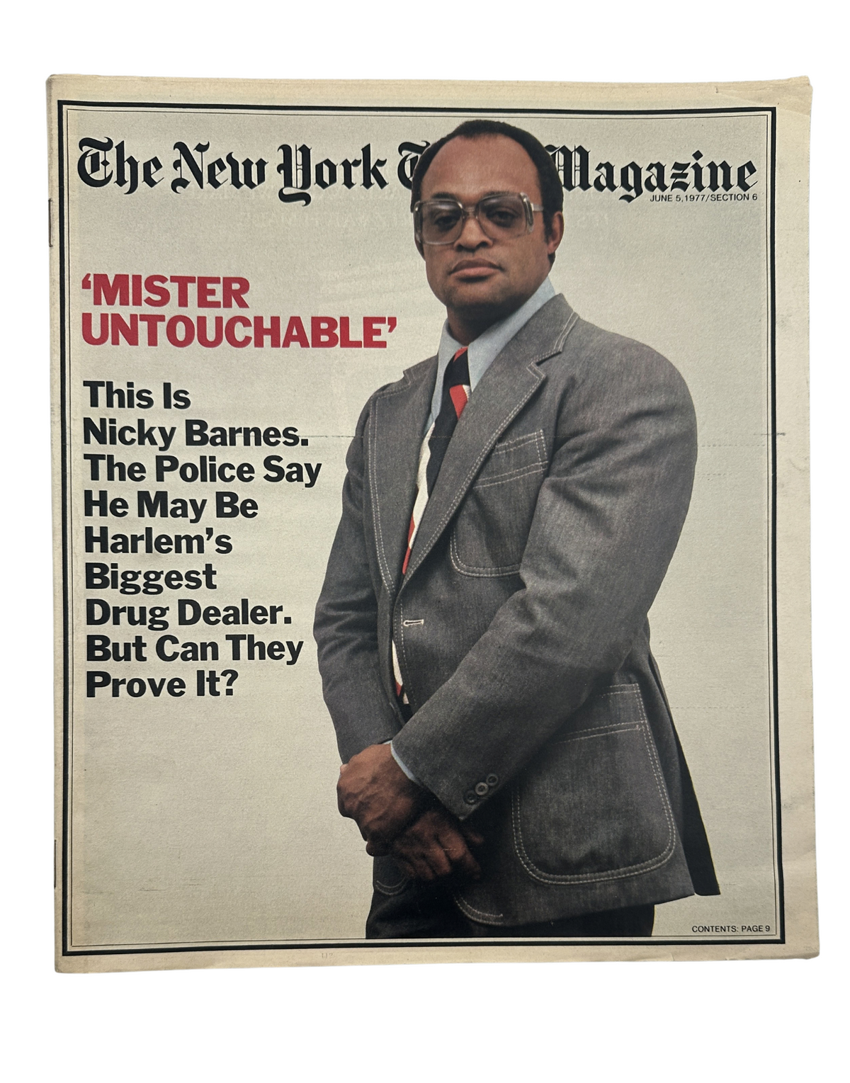 The New York Times Magazine cover from June 5, 1977, featuring 'Mister Untouchable' Nicky Barnes, who is depicted wearing glasses and a suit, with the headline discussing his status as Harlem's biggest drug dealer.