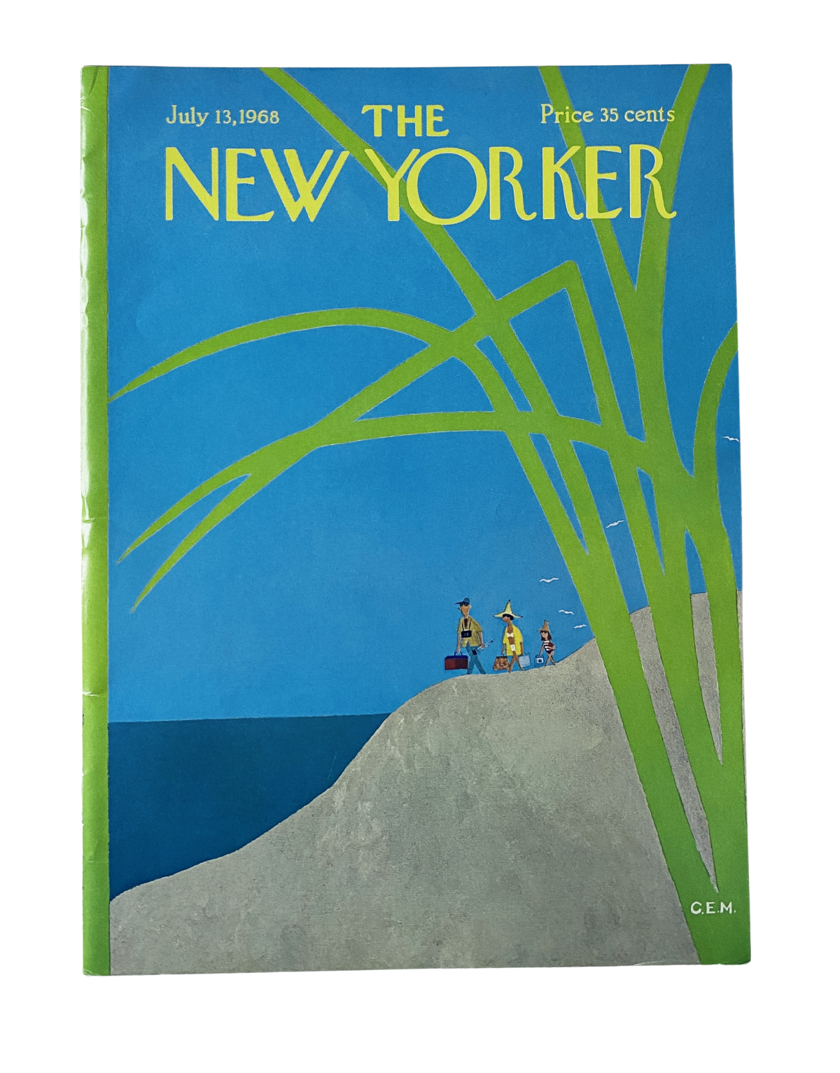 The New Yorker Magazine July 13, 1968 Beach Walk Cover Art by Charles Martin featuring a scenic illustration of a beach with figures in the foreground and vibrant blue and green colors.