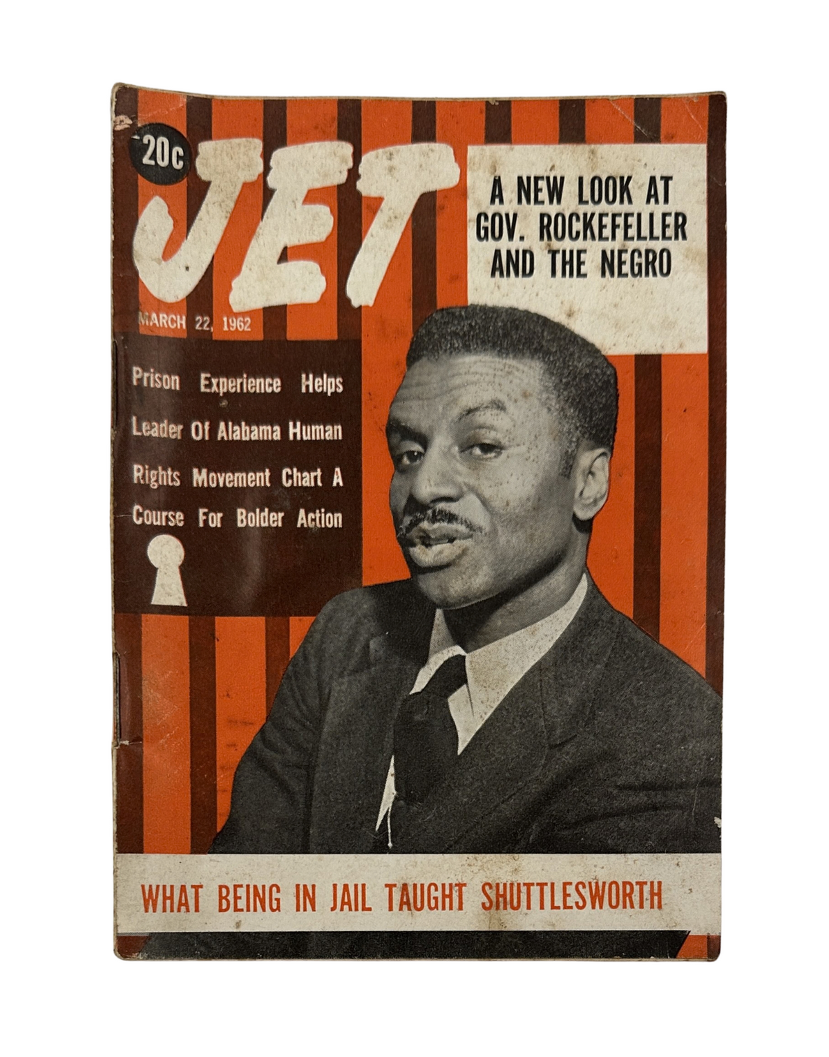 Jet Magazine March 22, 1962 cover featuring Shuttlesworth and Rockefeller, highlighting civil rights issues and prison experiences.